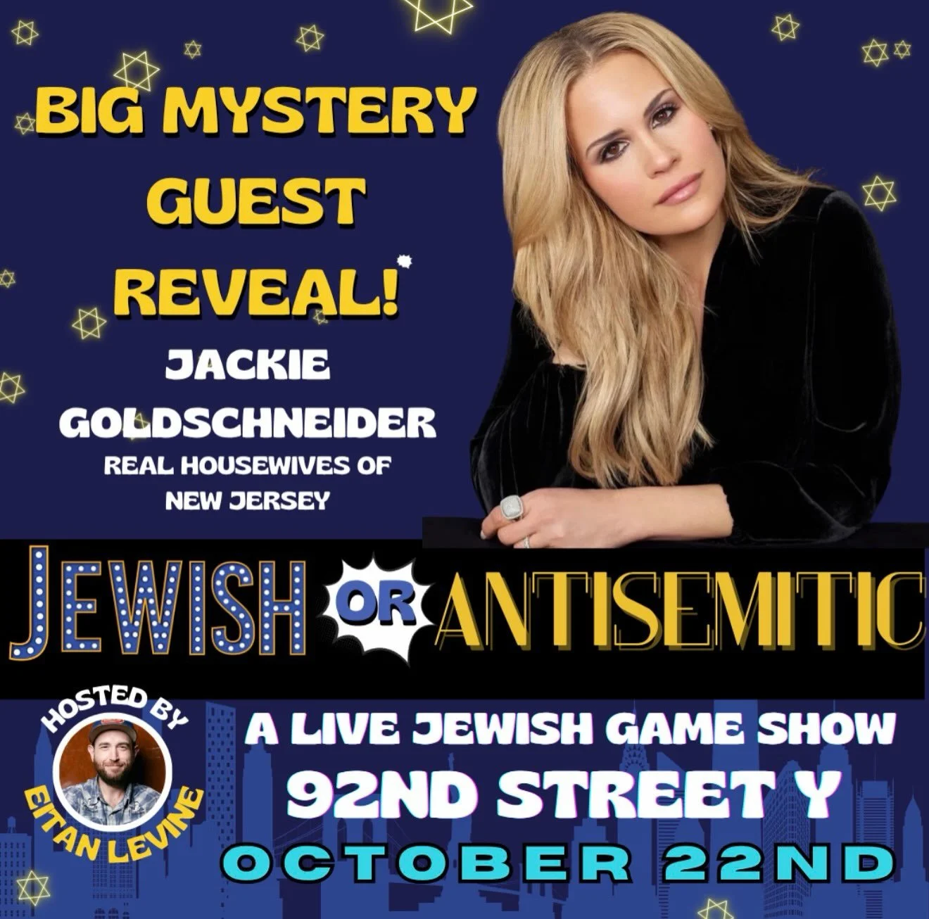 BIG HUGE JEWISH OR ANTISEMITIC MYSTERY GUEST REVEAL&mdash; @jackiegoldschneider will be competing THIS THURSDAY at @92ndstreety 

FT. @raanancomedy and @talialichtstein 

Music by @mynameisntdave 
Co-produced by @bstarna