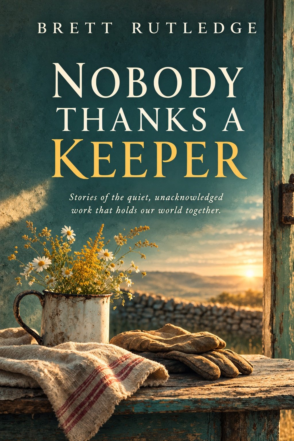 Book cover of 'Nobody Thanks a Keeper' by Brett Rutledge, depicting a rustic wooden table with a pitcher of daisies, a cloth, and gardening gloves, with a sunset view through a door or window.