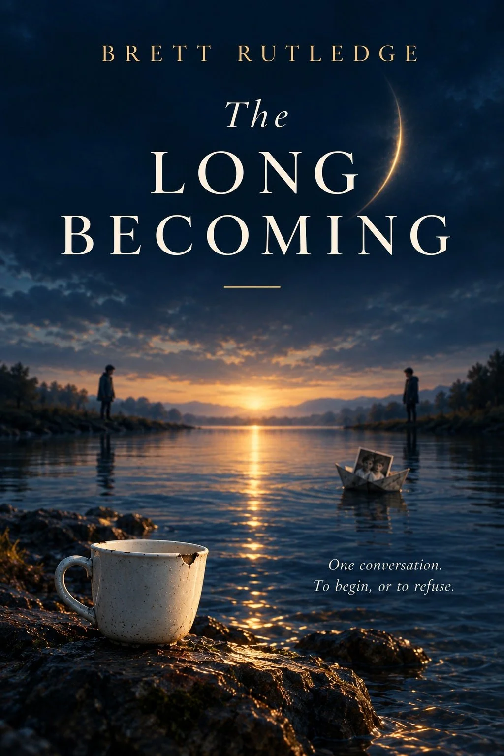 Book cover titled 'The Long Becoming' by Brett Rutledge featuring a lake at sunset with two people standing on opposite shores, a paper boat with a photo inside floating in the water, and a white coffee mug in the foreground.