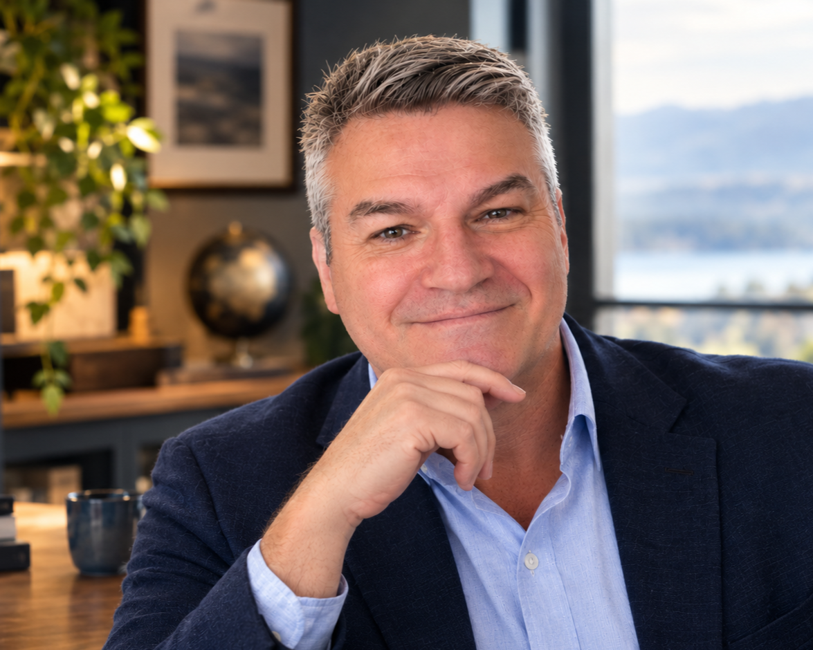Brett Rutledge, wearing a dark blazer and light blue shirt, is smiling and resting his chin on his hand in an office setting with a window and landscape in the background.