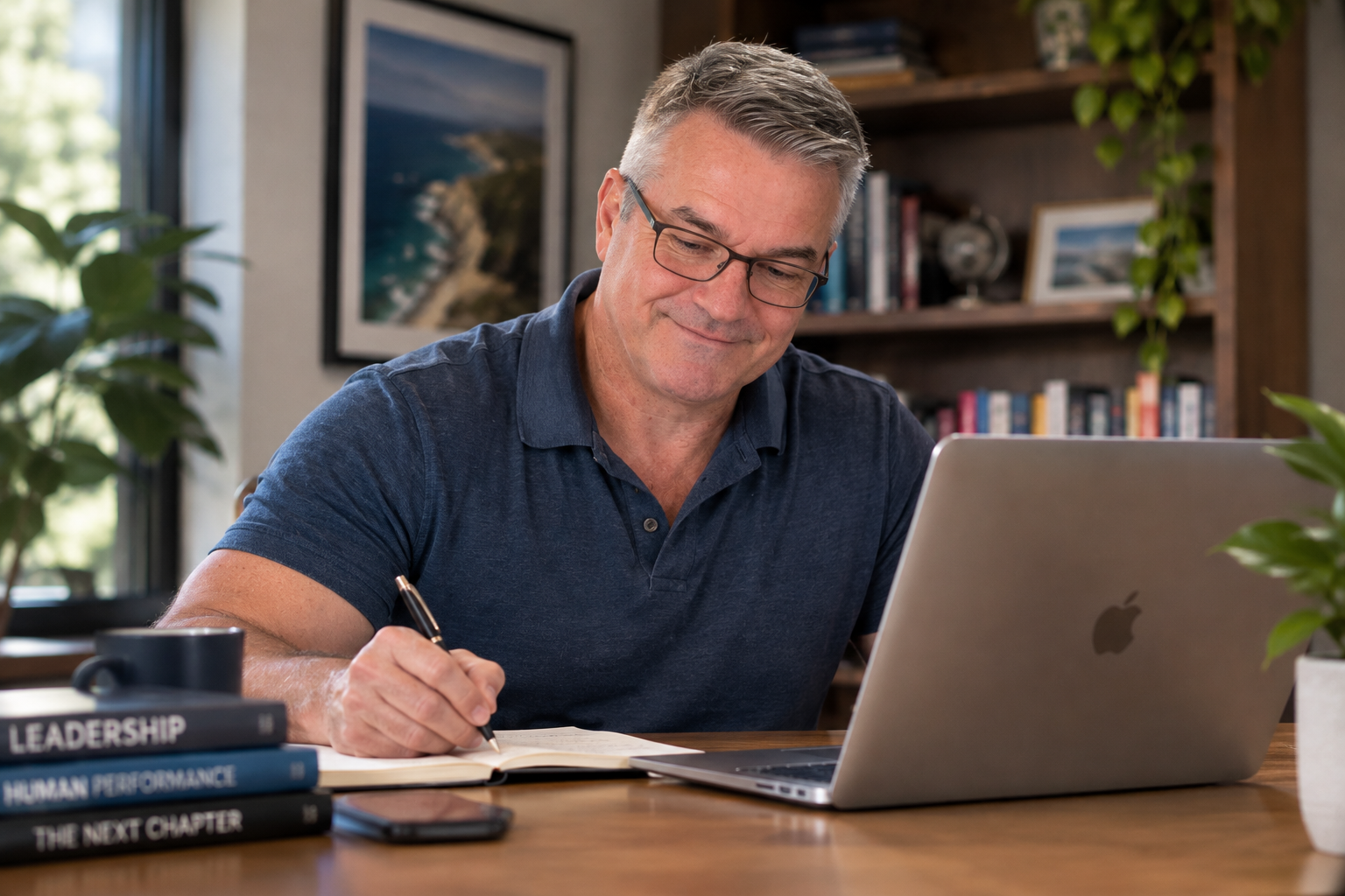 Brett Rutledge writing in a notebook at a desk with a laptop, books, and a coffee mug in a home office with indoor plants and bookshelves.