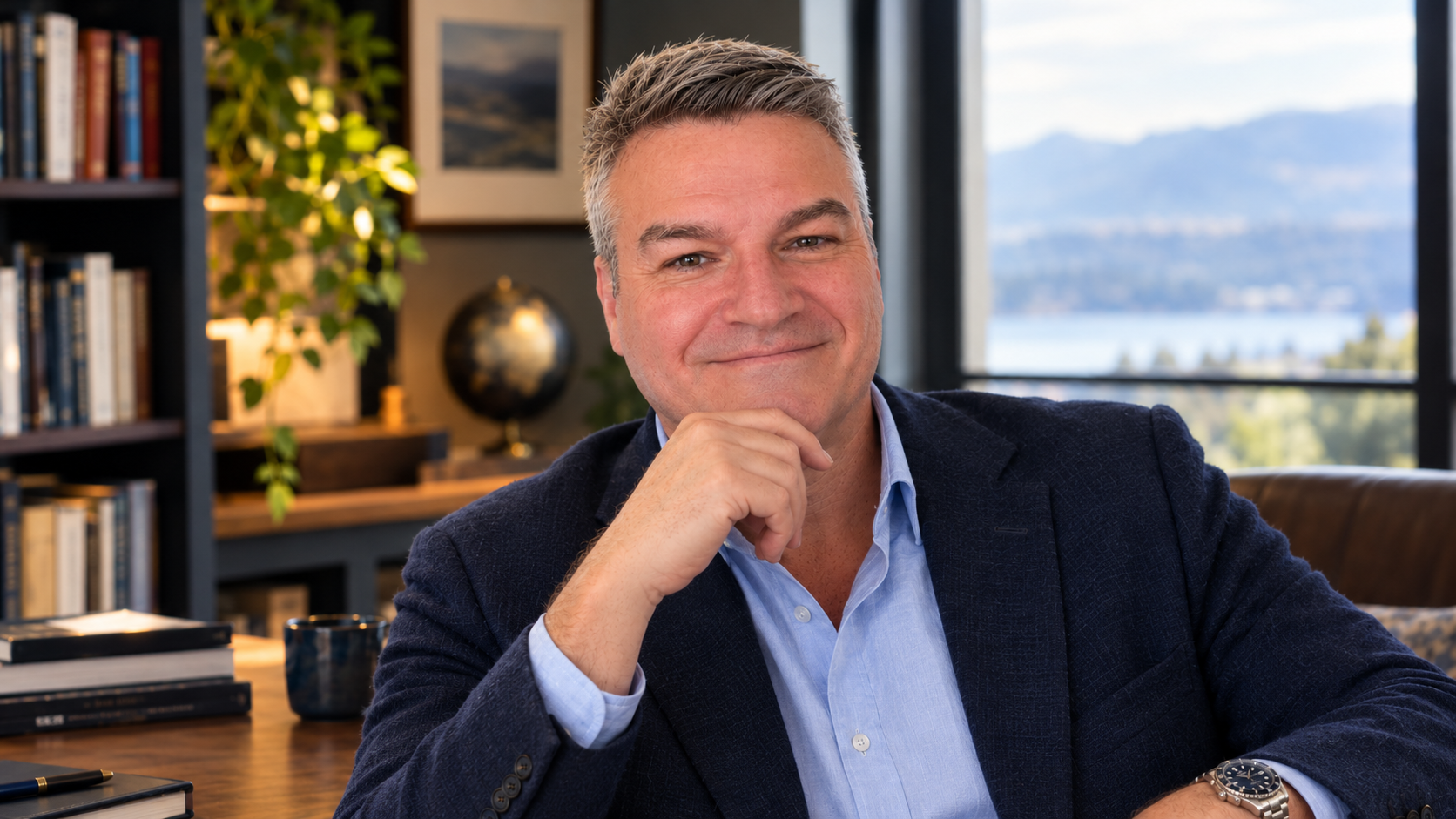 Brett Rutledge, wearing a navy blazer and a light blue shirt, sitting in a bright office with large windows overlooking a lake and mountains, smiling and resting his chin on his hand.