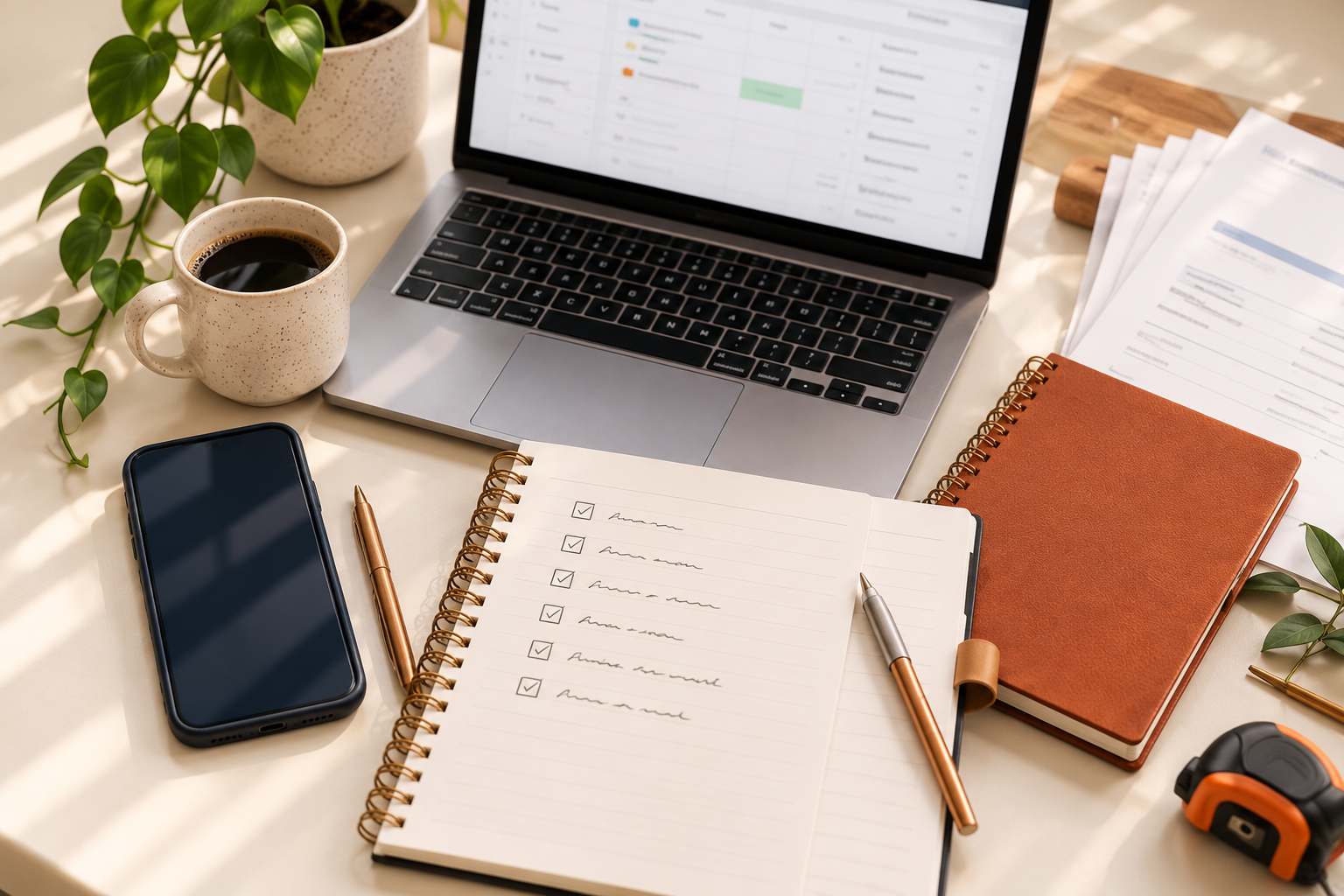 Organised office desk with laptop, planner and coffee