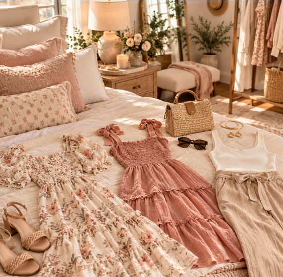 Three coordinated women's outfits with dresses and accessories arranged on a bedroom bed.