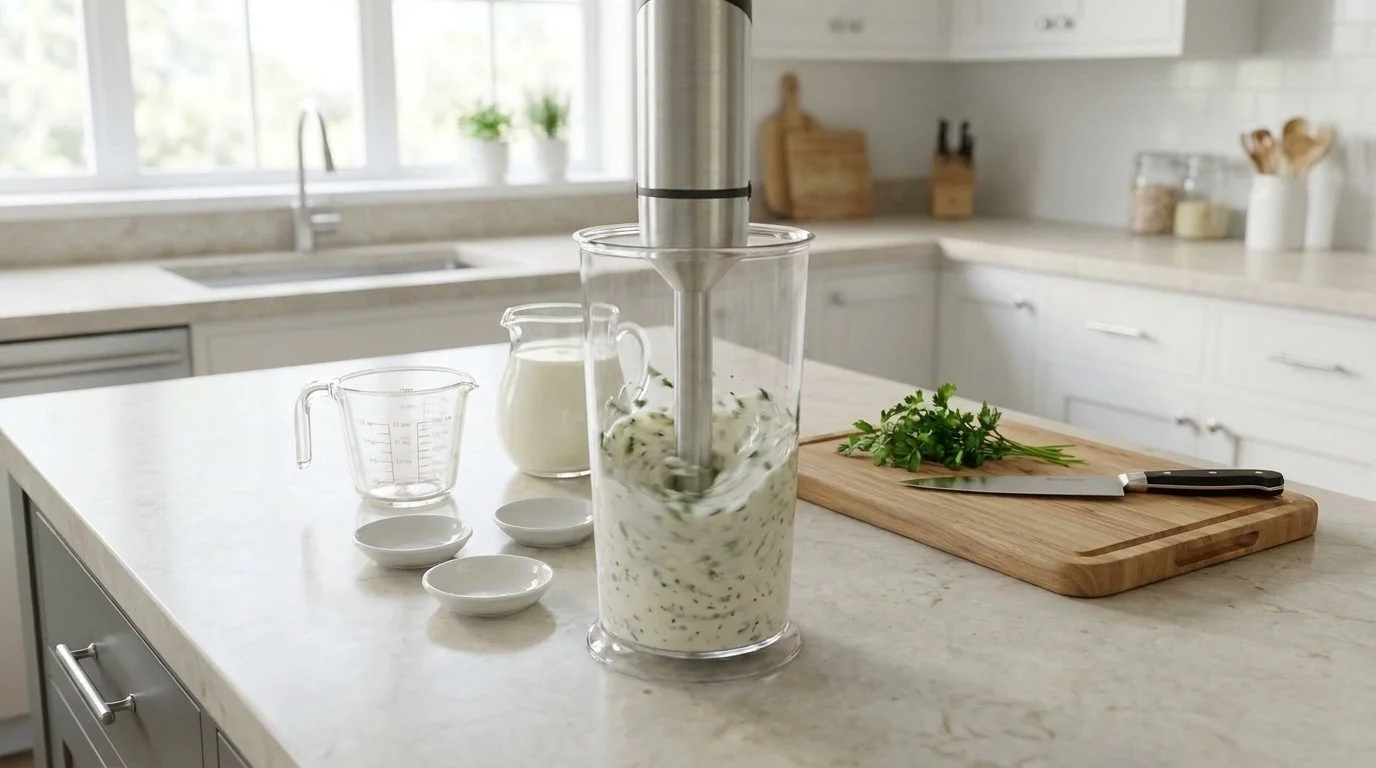Immersion blender whipping salad dressing