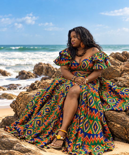 Keena wearing a colorful African print dress while seated on rocks along the ocean.
