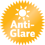 Sun icon with the words 'Anti-Glare' on a yellow background