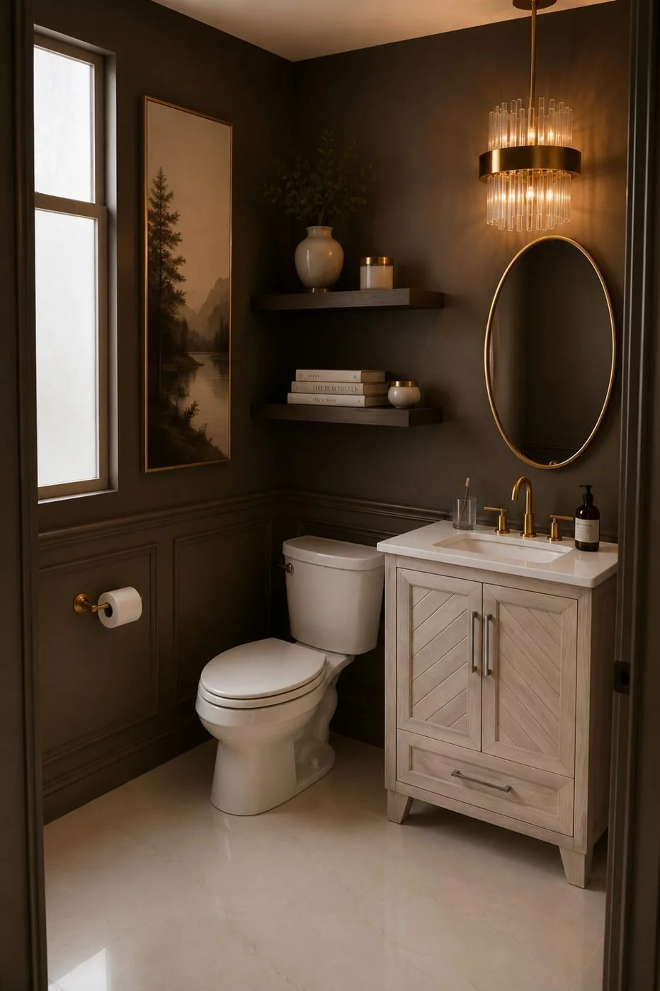 Rendering of a dark powder room with wainscoting, floating shelves and brass fixtures