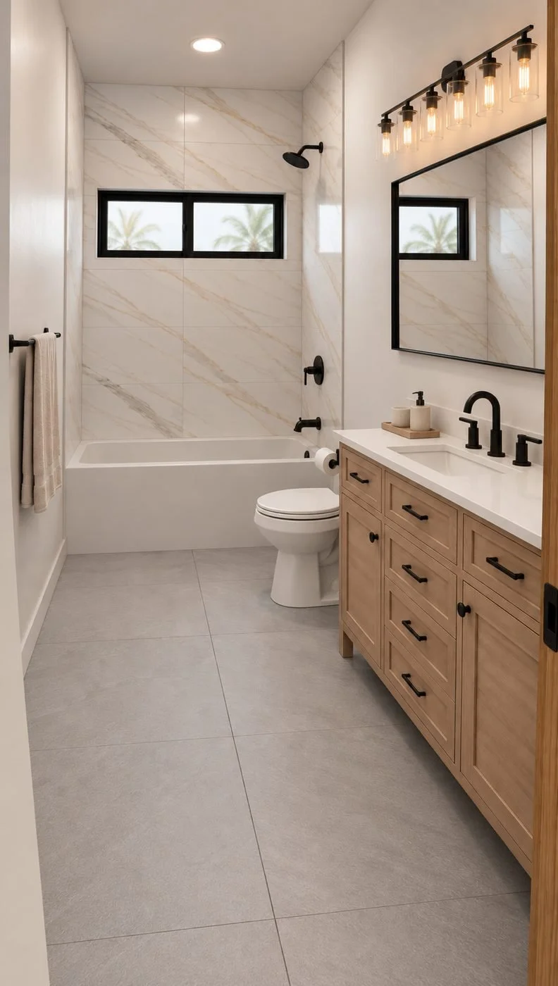 Rendering of a guest bathroom with marble-look tile and wood vanity