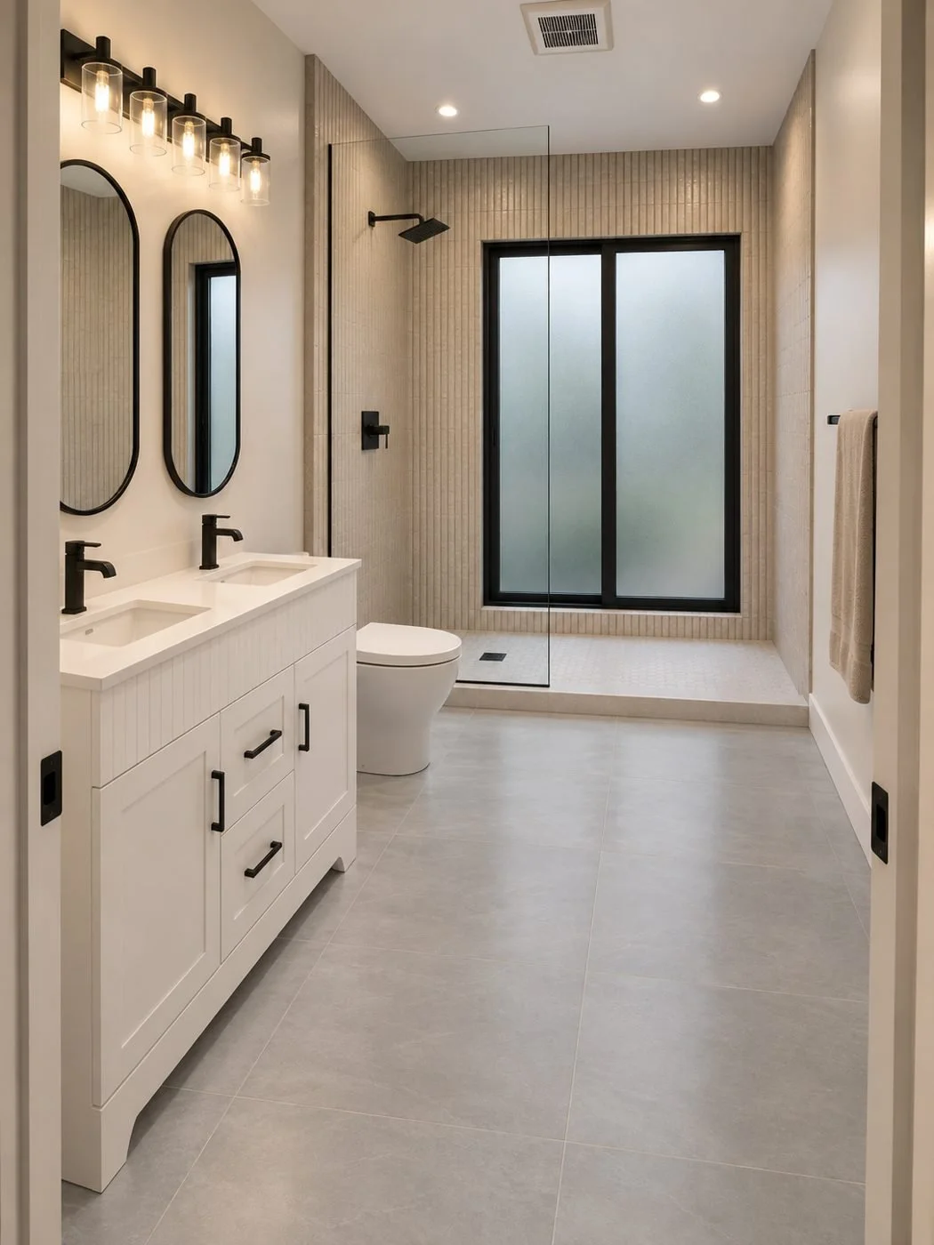 Rendering of a primary bathroom with double vanity, walk-in shower and black fixtures