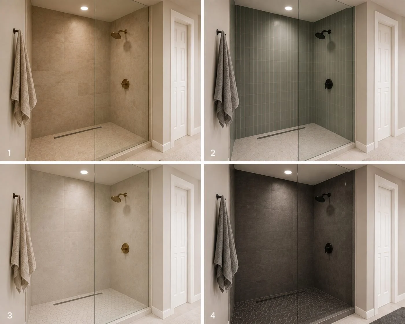 Four shower tile options shown side by side in the same space