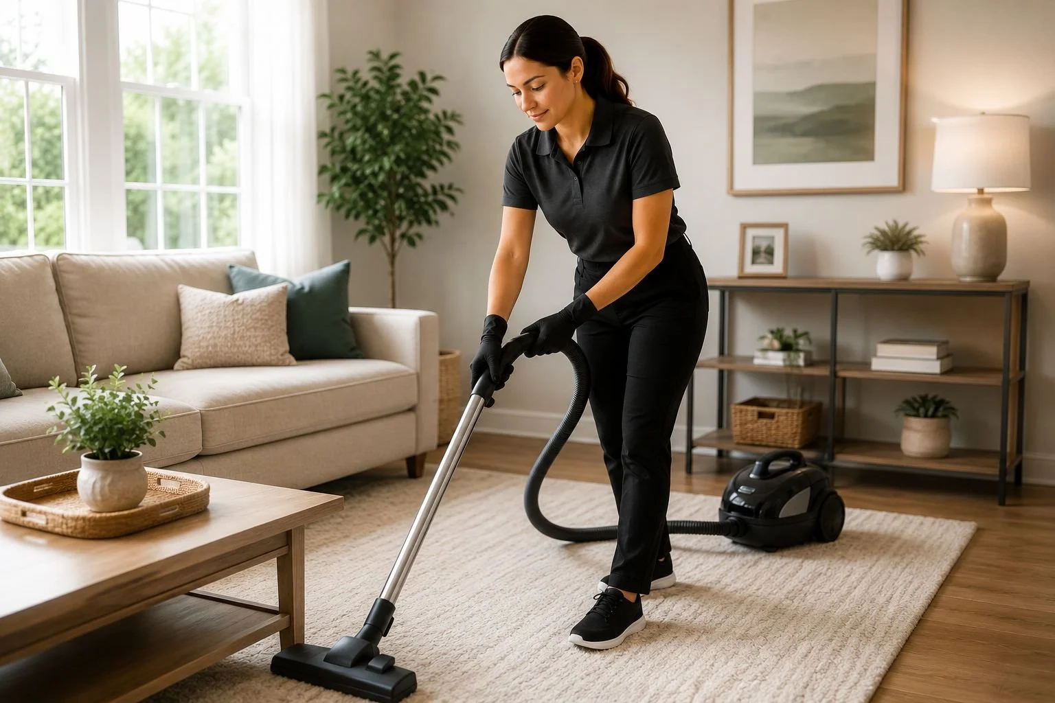 Professional cleaner vacuuming a residential living room