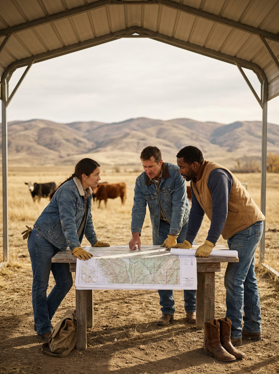Three people, two men and one woman, are discussing a large map on a wooden table inside a metal shelter set in a rural landscape. Cows are grazing in the field behind them, with rolling hills in the distance. They are wearing casual outdoor clothing and gloves, indicating they might be planning or inspecting land.