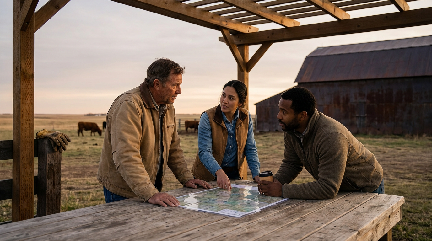 Three people standing around a table outdoors, looking at a map. They are wearing casual work clothes. The environment appears rural with a barn and cows in the background during sunset.