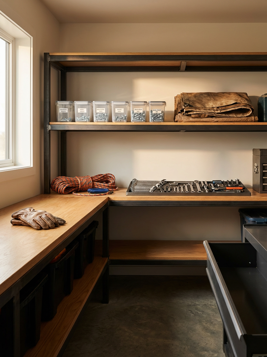 An organized workshop or tool storage room with black metal and wood shelves, gloves, a coil of orange rope, and various tools on the workbench.