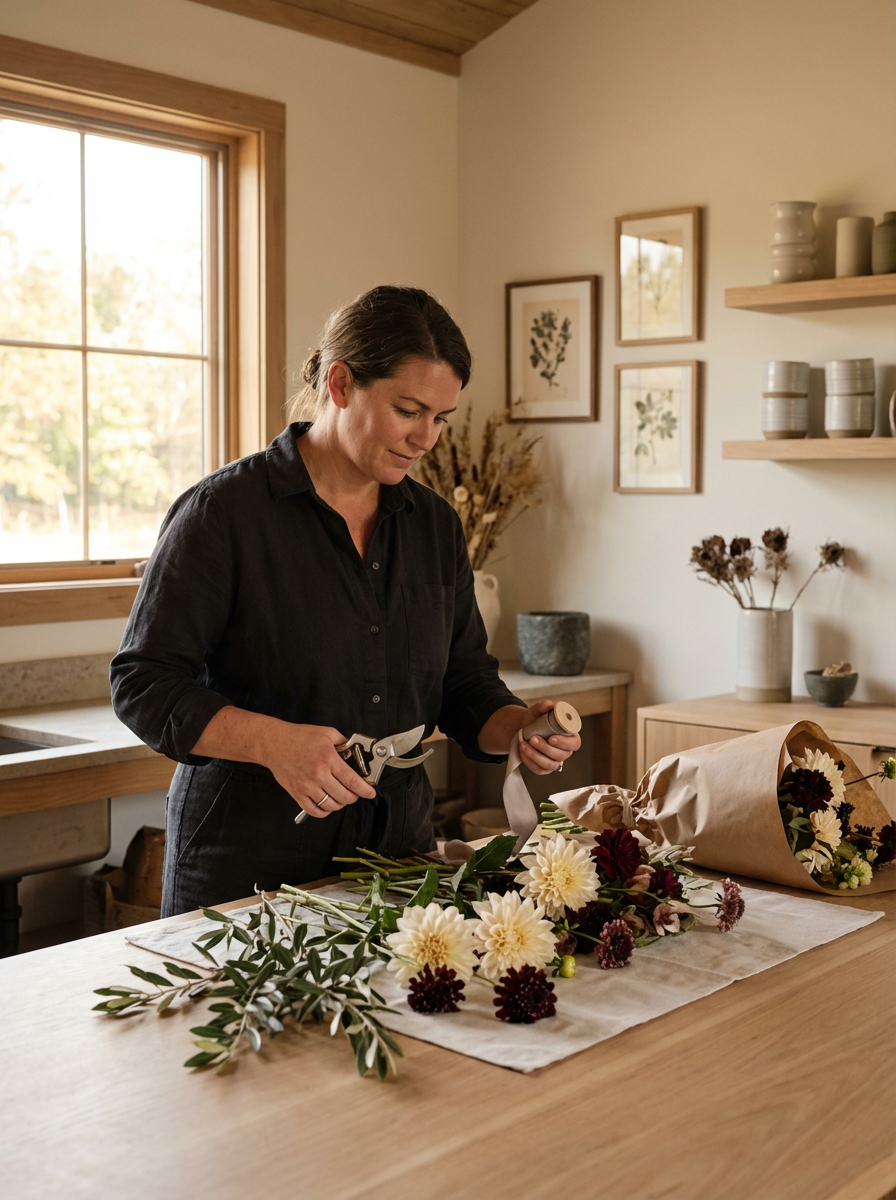 Woman arranging flowers on a table in a cozy kitchen.