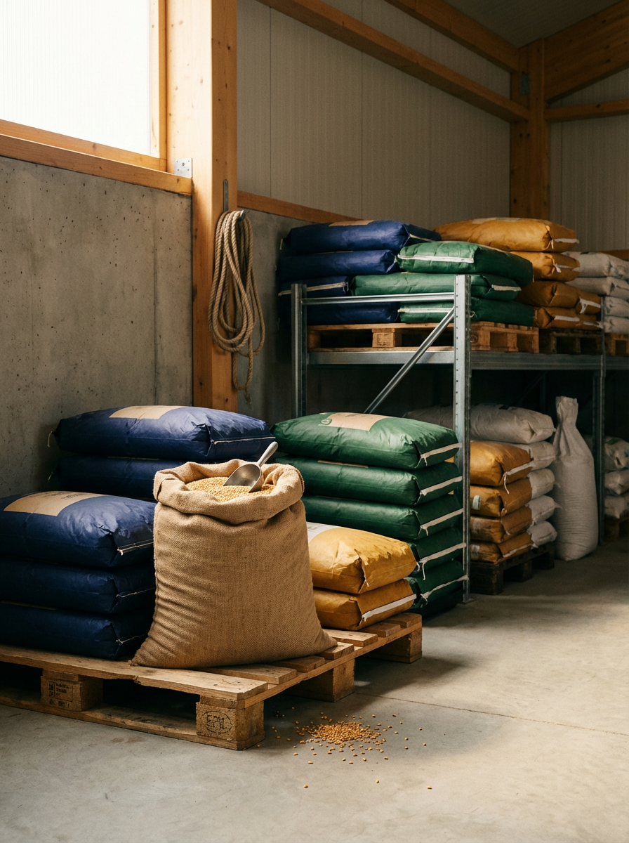 Storage room with stacked bags of animal feed on wooden pallets, a burlap bag with a scoop, and spilled feed on concrete floor.