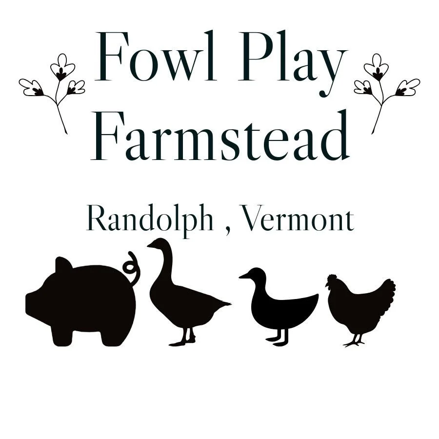 Sign for Fowl Play Farmstead located in Randolph, Vermont with illustrations of a pig, duck, and chicken.