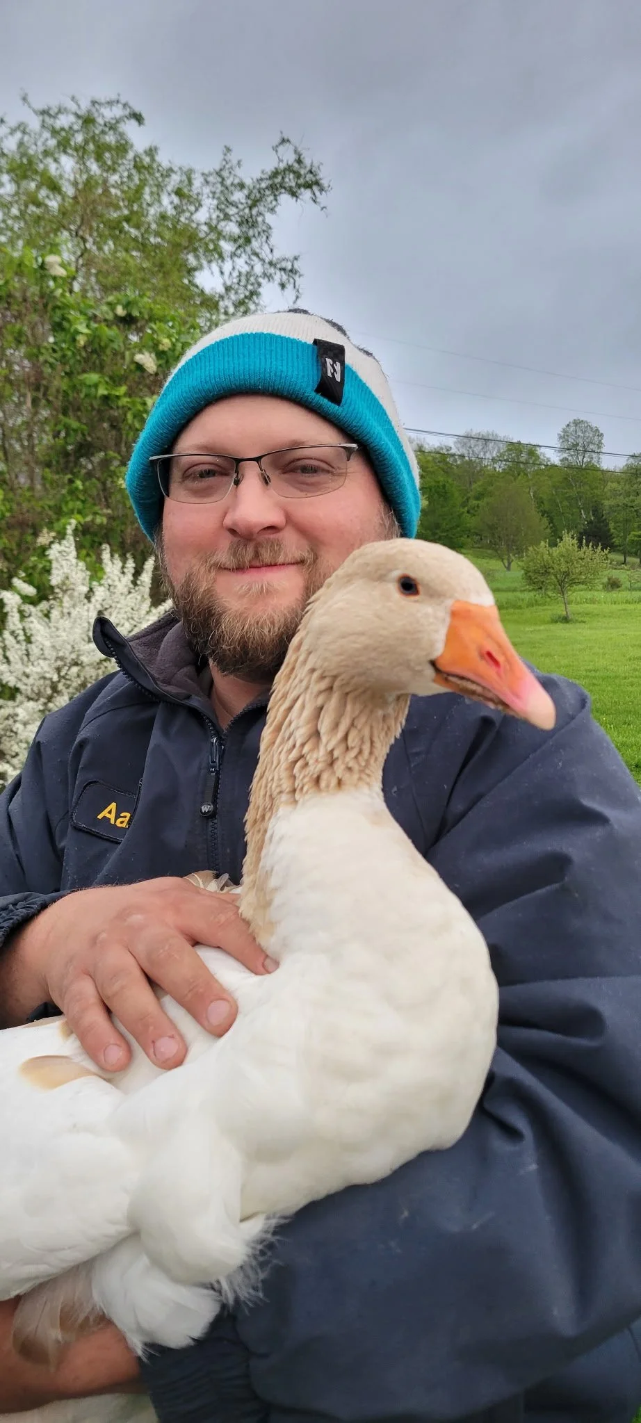 A man wearing glasses and a blue and white beanie holding a white and tan goose outdoors with greenery and trees in the background.