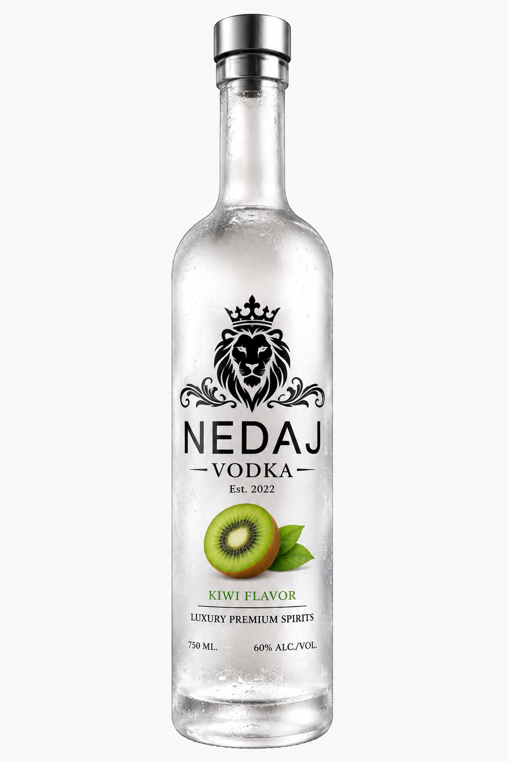 A clear bottle of NEDAJ Vodka with a lion logo and kiwi fruit graphic, labeled as kiwi flavor, established 2022, 750 ml, 60% alcohol by volume.