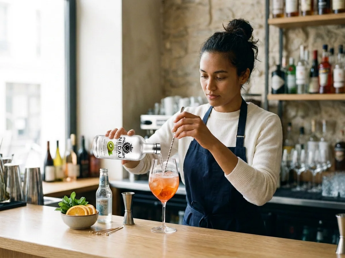 A woman with dark hair in a bun wearing a navy apron and cream sweater, making a Nedaj cocktail in a bar or cafe with a wooden bar top and exposed brick wall background.
