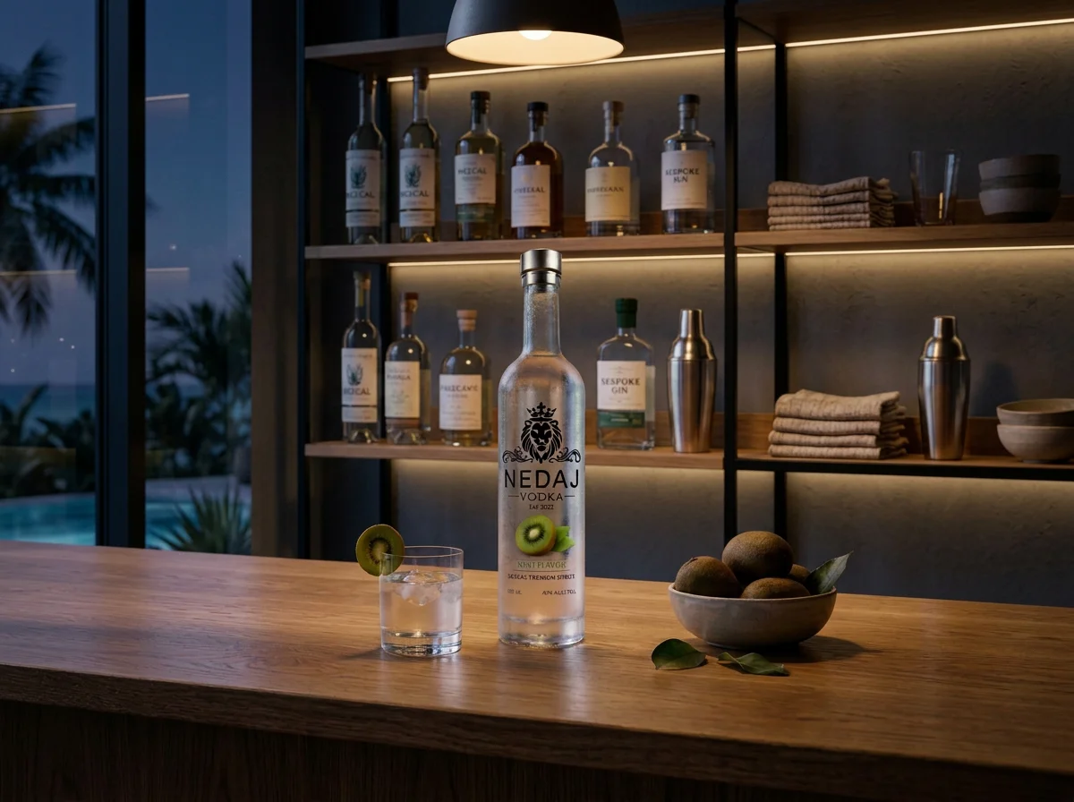 Bottle of NEDAJ vodka, a glass with a slice of kiwi on the rim and a mixed drink inside, and a bowl of lychee fruit on a wooden bar counter in a modern bar or kitchen with shelves of liquor bottles and bar tools in the background.