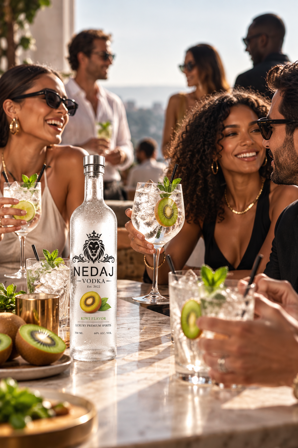 Group of friends enjoying drinks with kiwi slices at an outdoor gathering, with a bottle of NEDAJ vodka on the table.