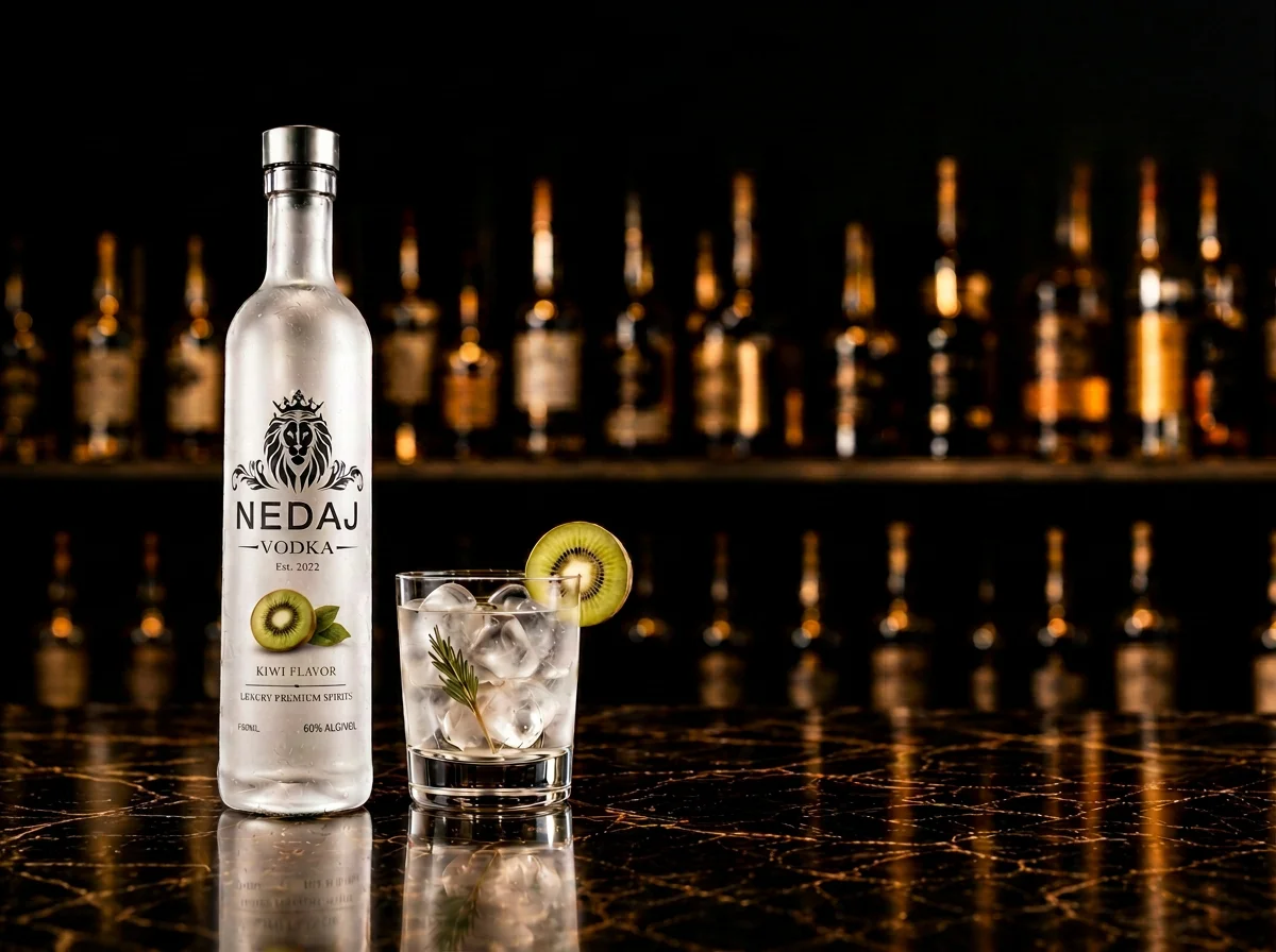 A frosted bottle of Nedaj vodka with a lion crest logo, a glass of vodka with ice, a lemon kiwi slice, and a sprig of rosemary on a dark, reflective marble surface, with blurred bottles in the background.