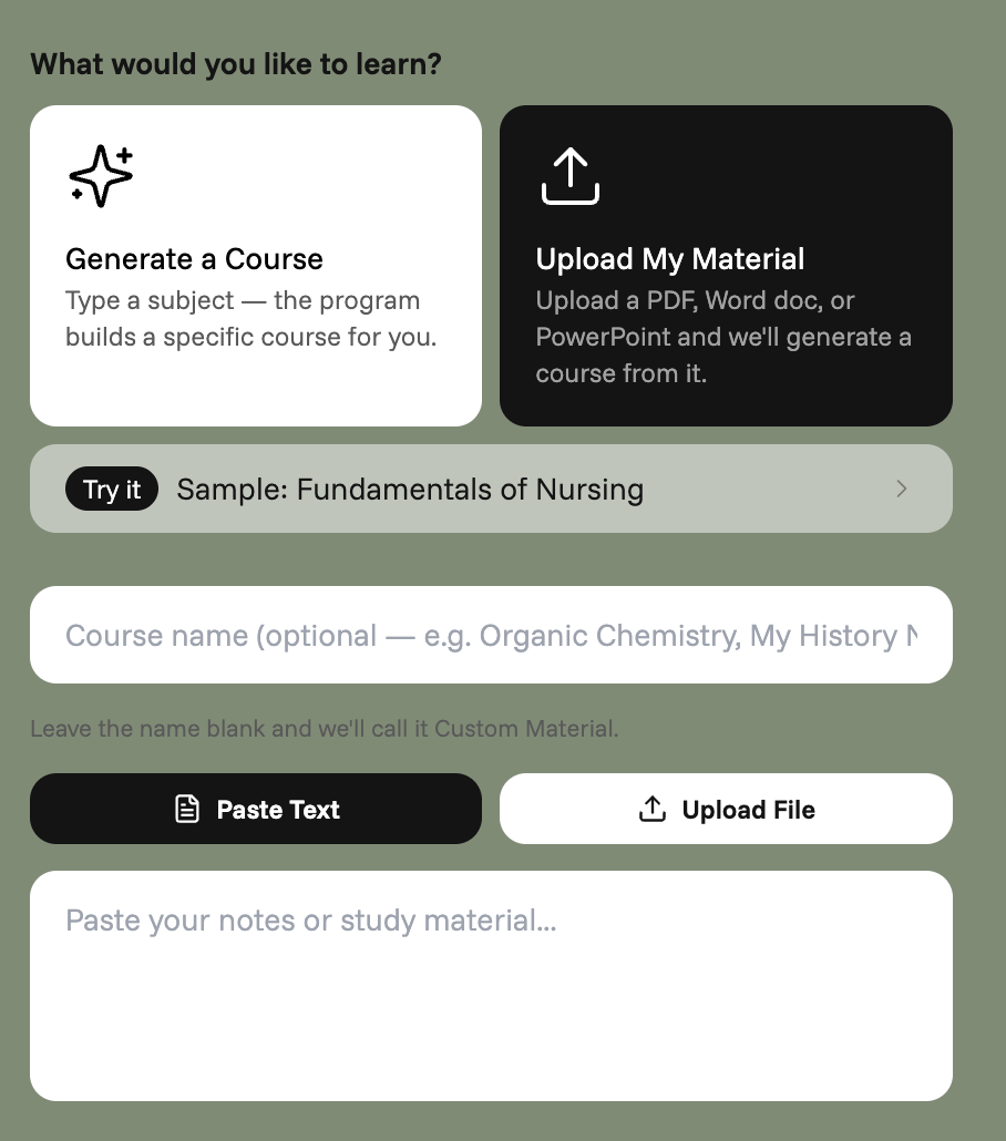 A user interface for creating a course, featuring options to generate a course by typing a subject, upload material, try a sample course on Fundamentals of Nursing, enter a course name, and paste notes or upload files.