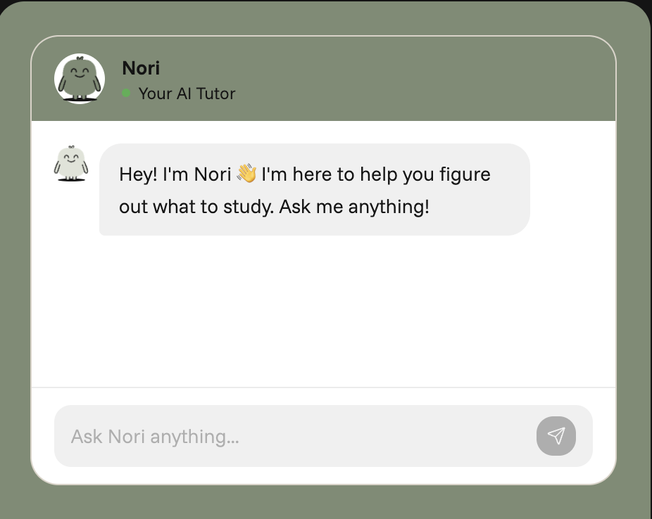 Chat interface showing a conversation with an AI tutor named Nori, who greets the user and offers to help with studying, with a text that says 'Hey! I'm Nori. I'm here to help you figure out what to study. Ask me anything!' 