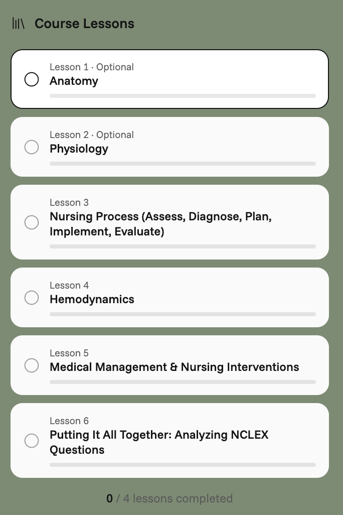 Screenshot of a course lessons list with six lessons, including Anatomy, Physiology, Nursing Process, Hemodynamics, Medical Management, and NCLEX question analysis, with a green background.