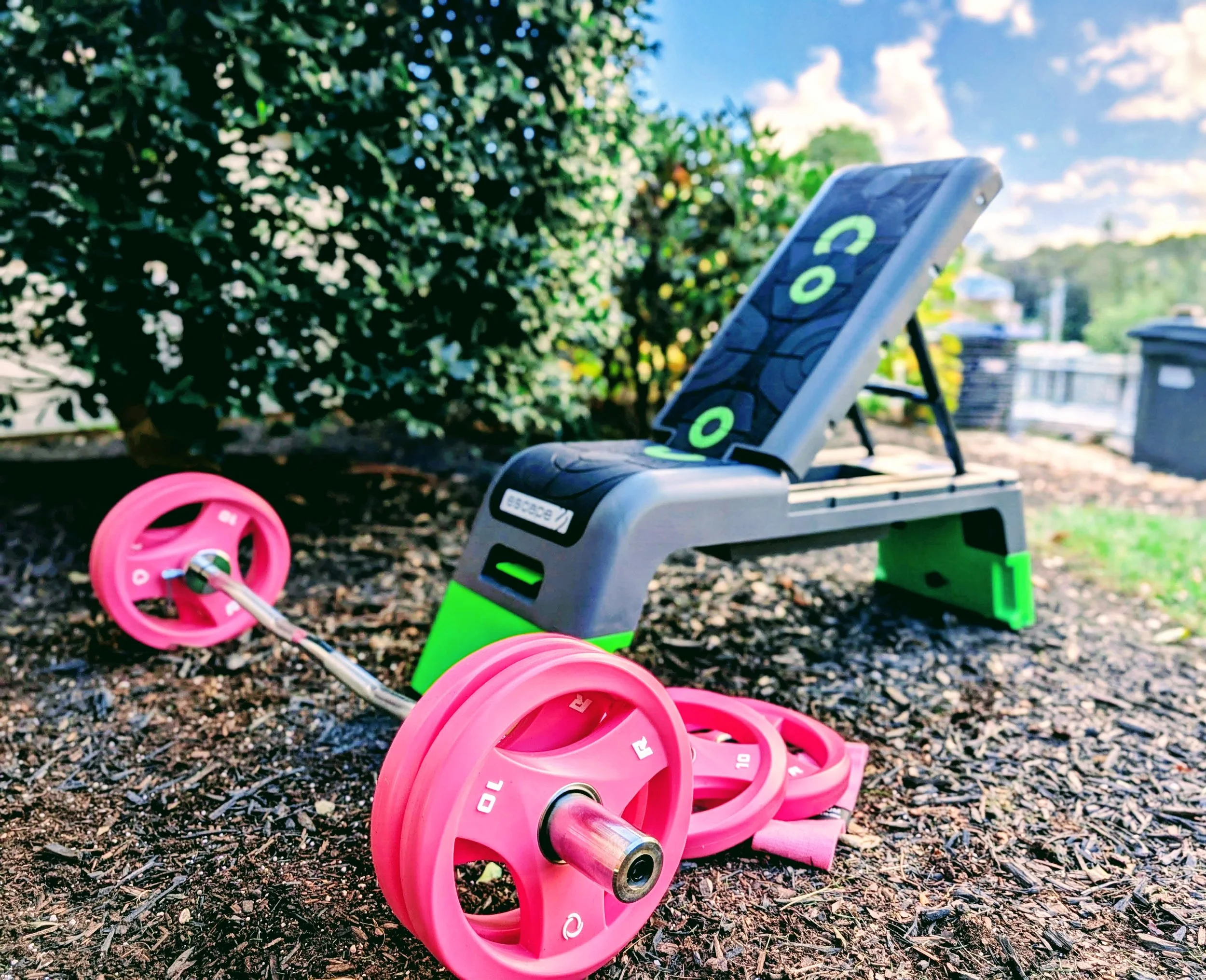 Pink and gray weights with a pink broom handle on gravel ground near a hedge, with a blue sky with clouds in the background.