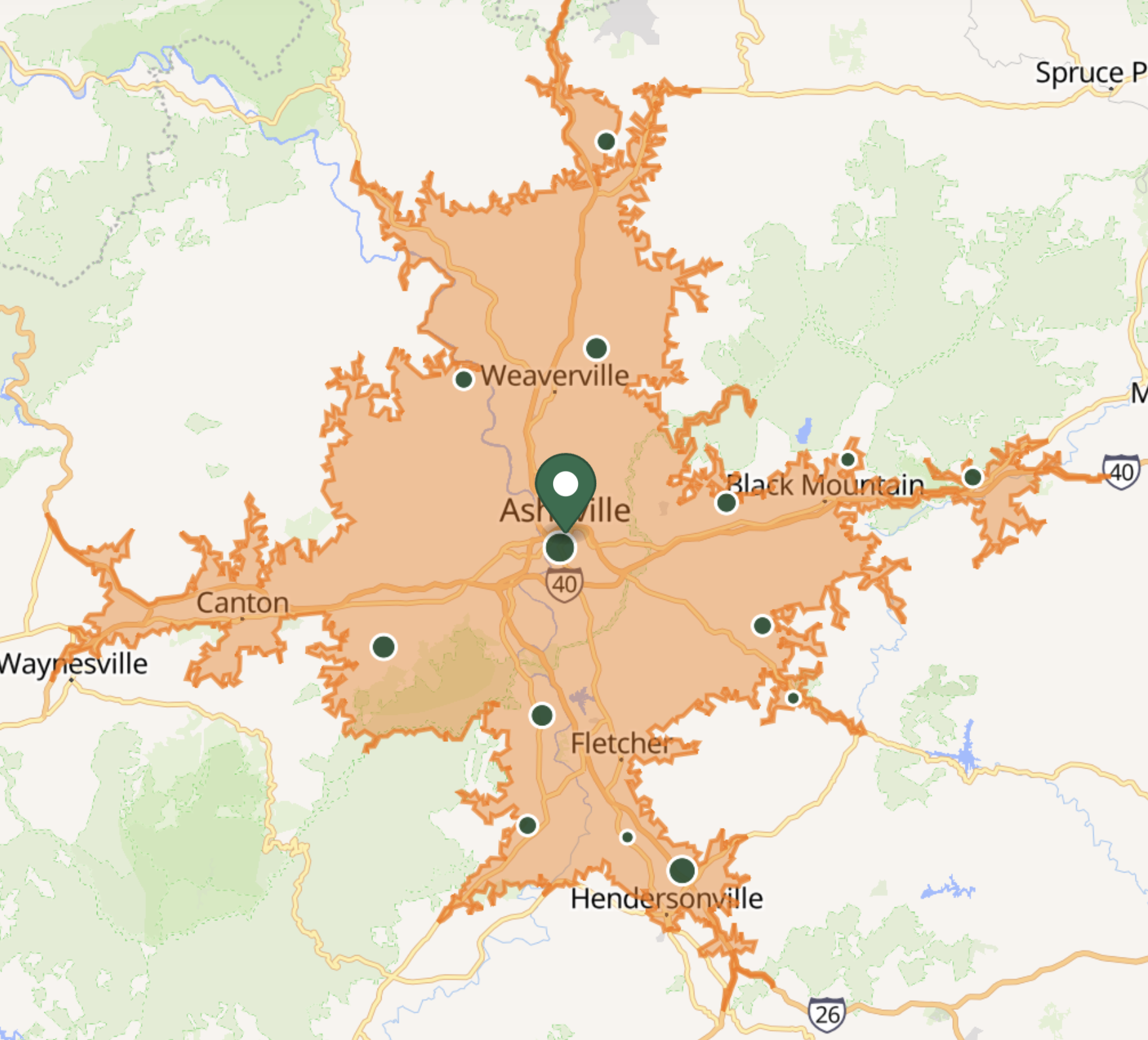 Map showing the outline of Wears Valley, Tennessee, with neighboring towns such as Asheville, Norwood, Fletchers, and Hendersonville marked with green dots, and surrounding geographical features in green.