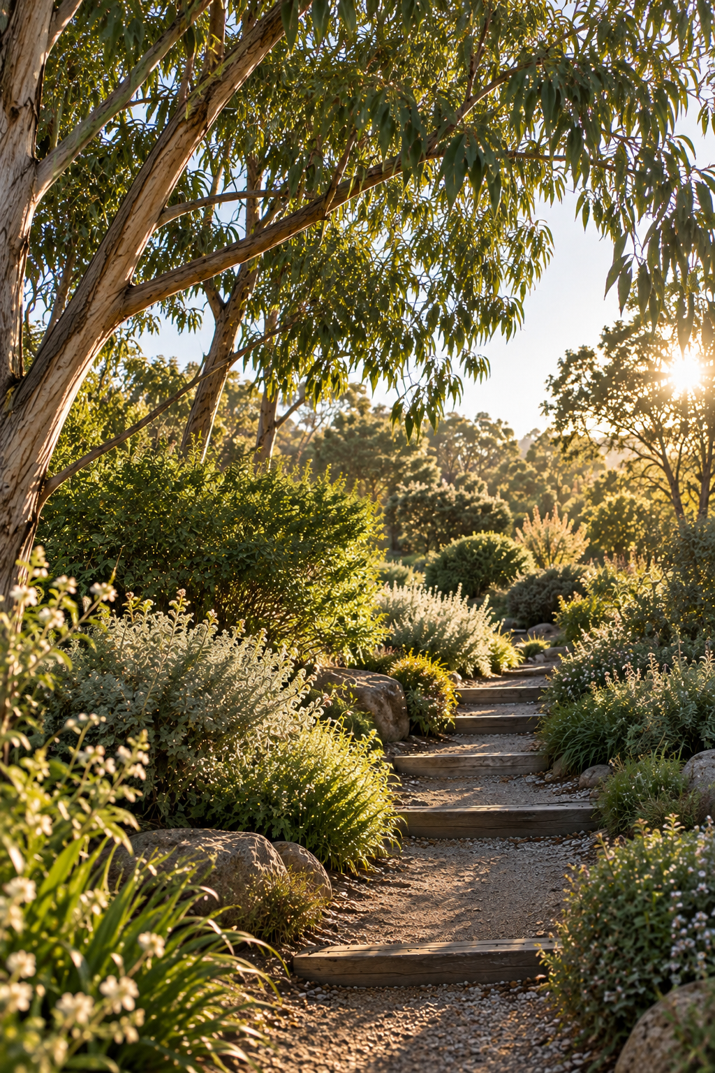 Sunlit garden pathway with timber steps winding through native greenery, flowering plants and eucalyptus trees.