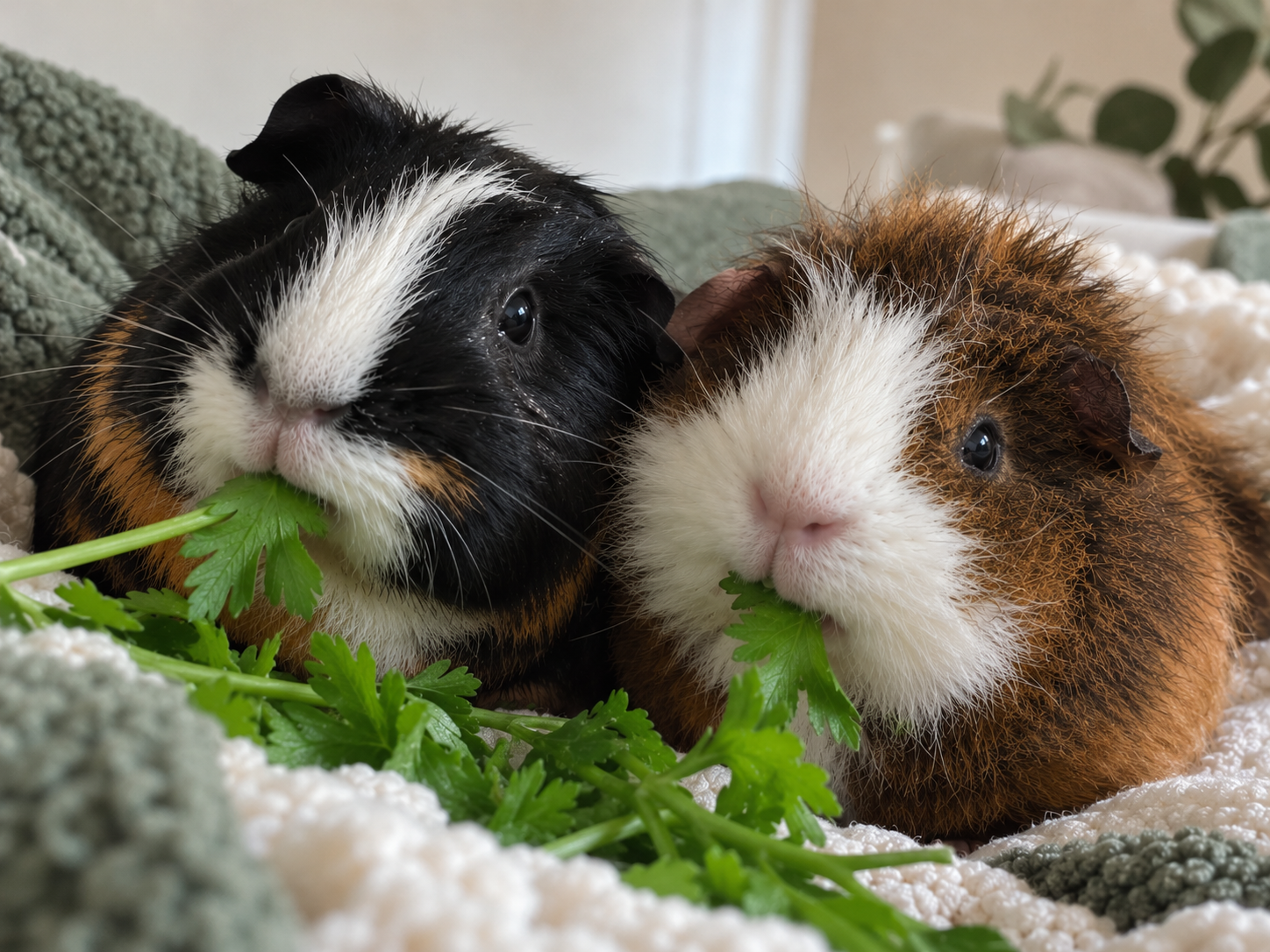 Eddy and Pippy, two guinea pigs with black, white and brown fur, cuddling together on a soft blanket with fresh parsley.