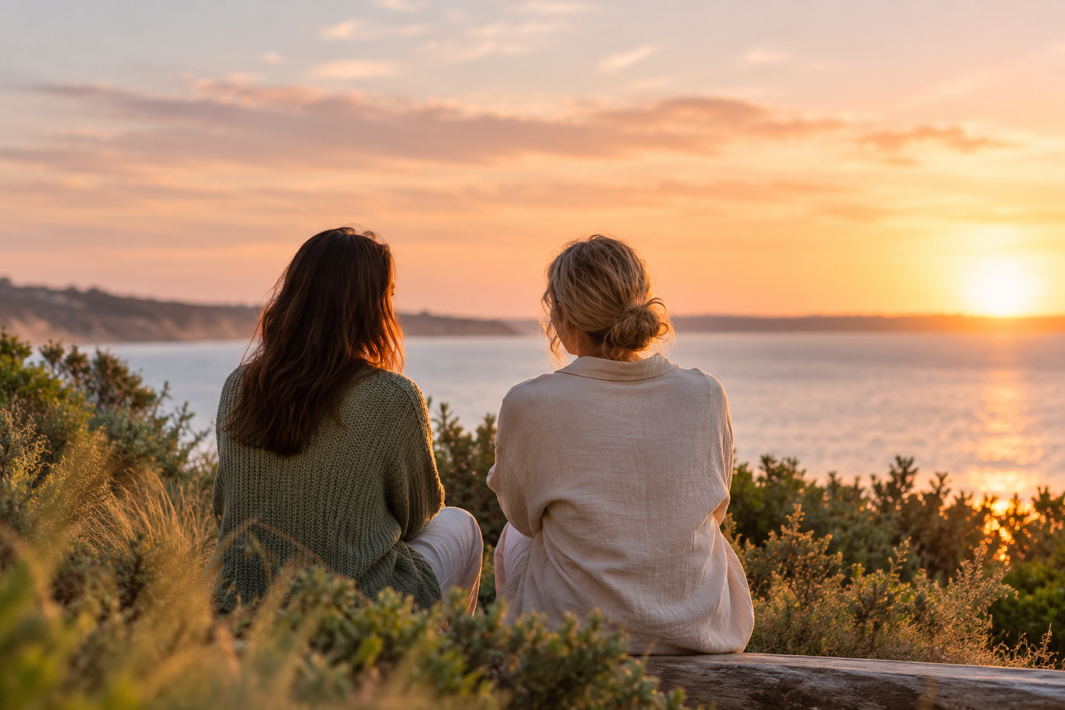 Two women sitting together on a log overlooking the ocean at sunset, with coastal cliffs in the distance.
