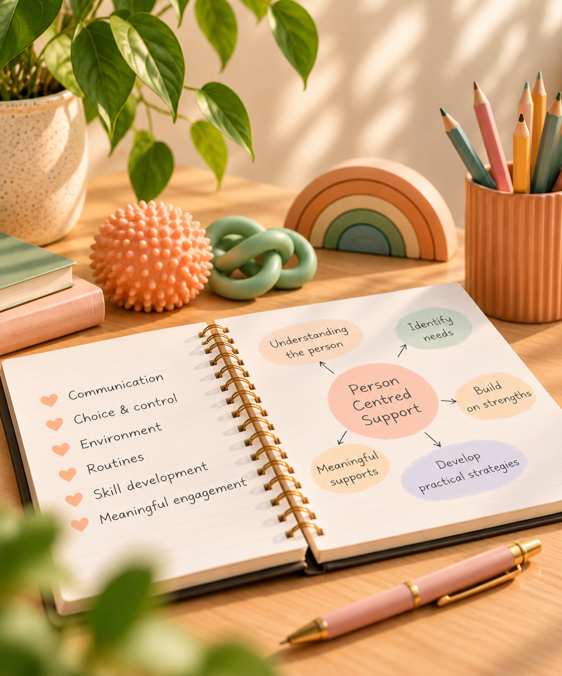 Open notebook with person-centred support notes, surrounded by colourful stationery and sensory resources on a wooden desk.