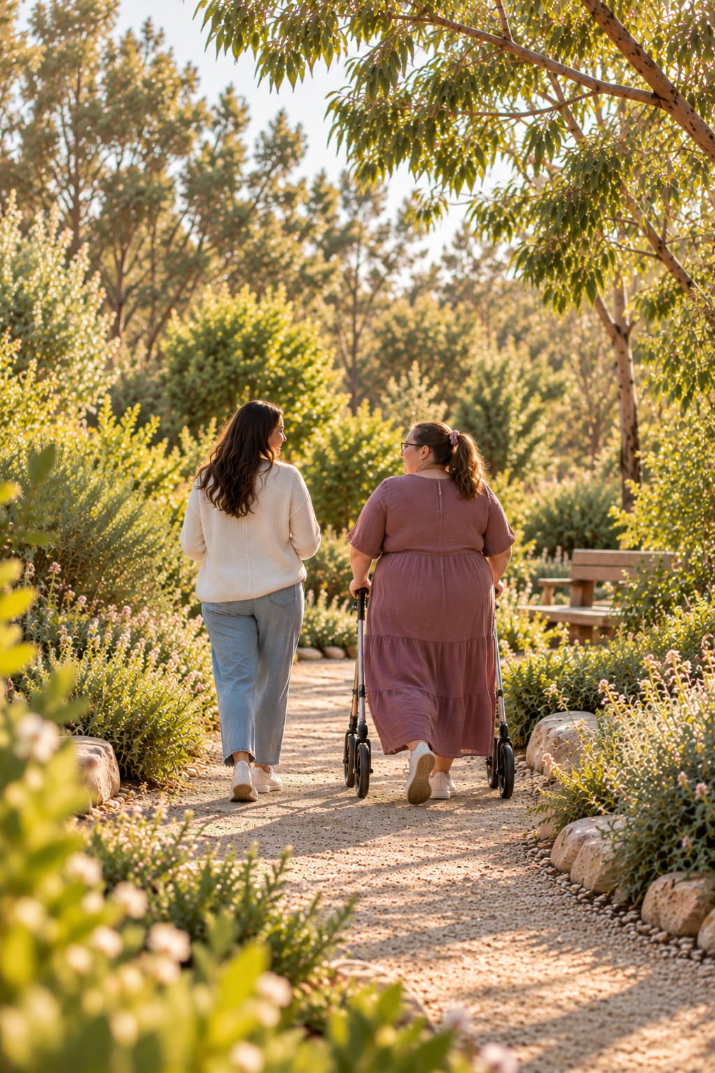 Two women walking together along a sunlit garden path, one using a walking aid, surrounded by greenery.
