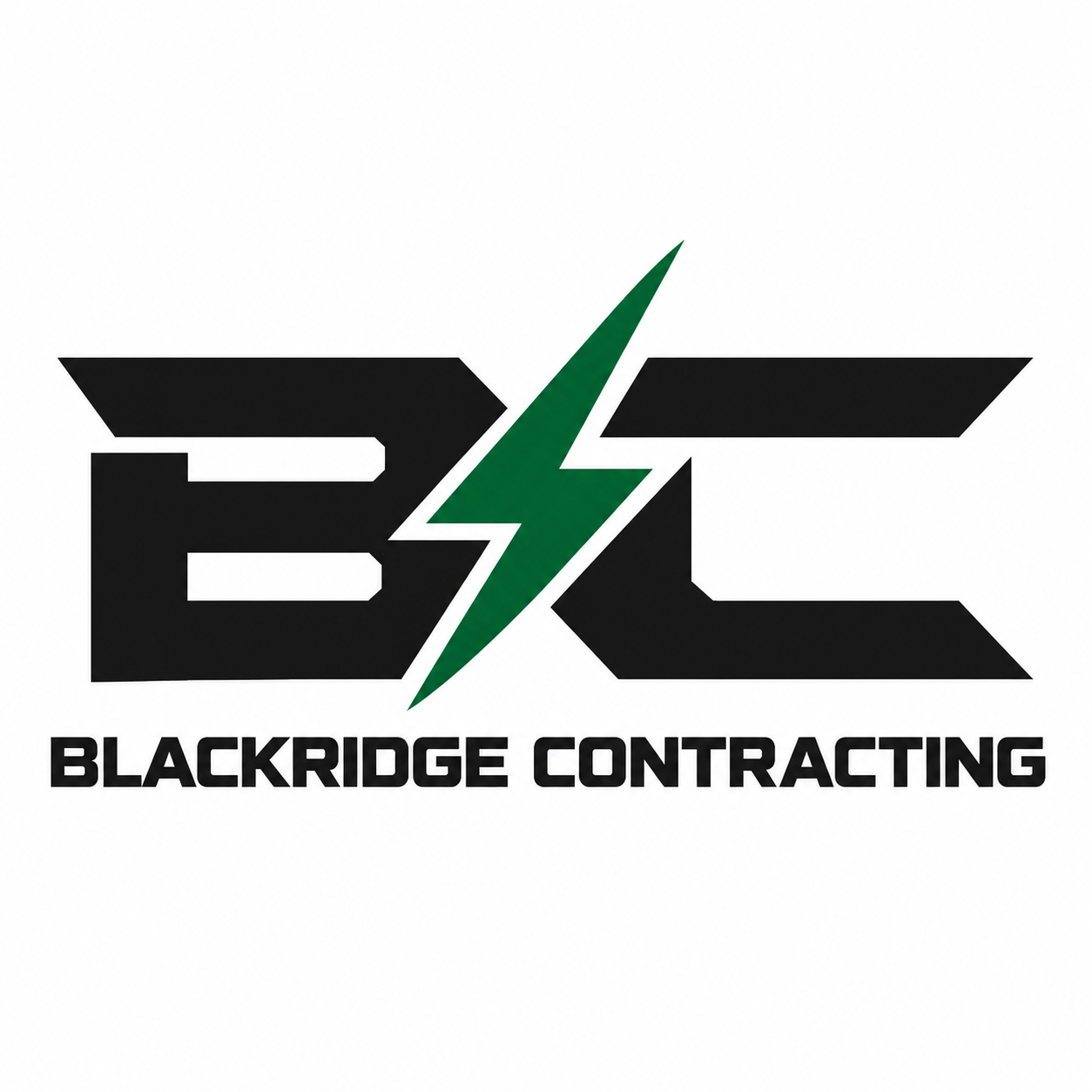 Blackridge Contracting logo featuring bold black letters B and C connected by a green lightning bolt, with the company name in black capital letters below.