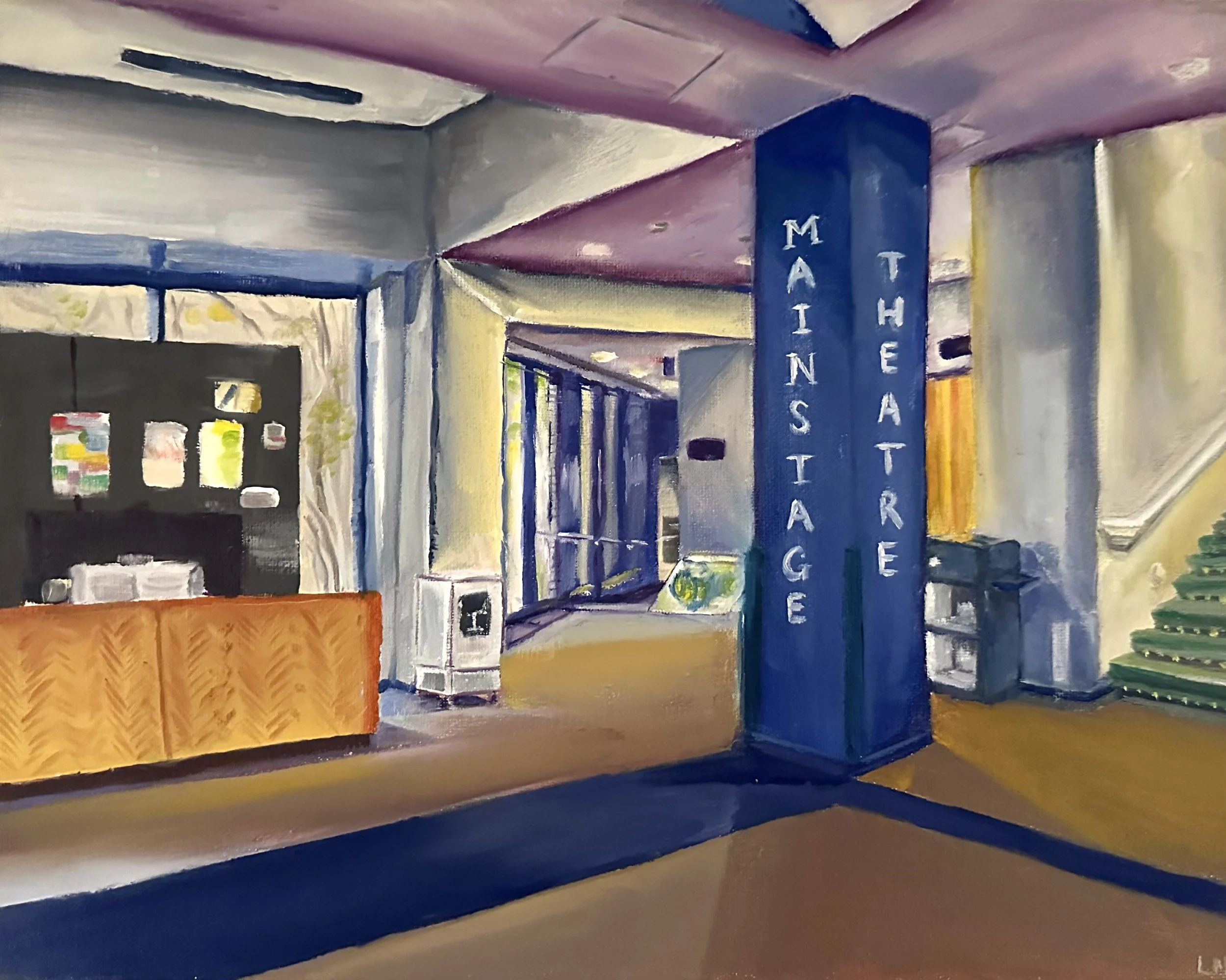 Painted indoor scene featuring a blue sign with the words 'MAINSTAGE, THEATRE' in white letters, yellow decorative elements, and various abstract architectural features with bright lighting and colorful accents.