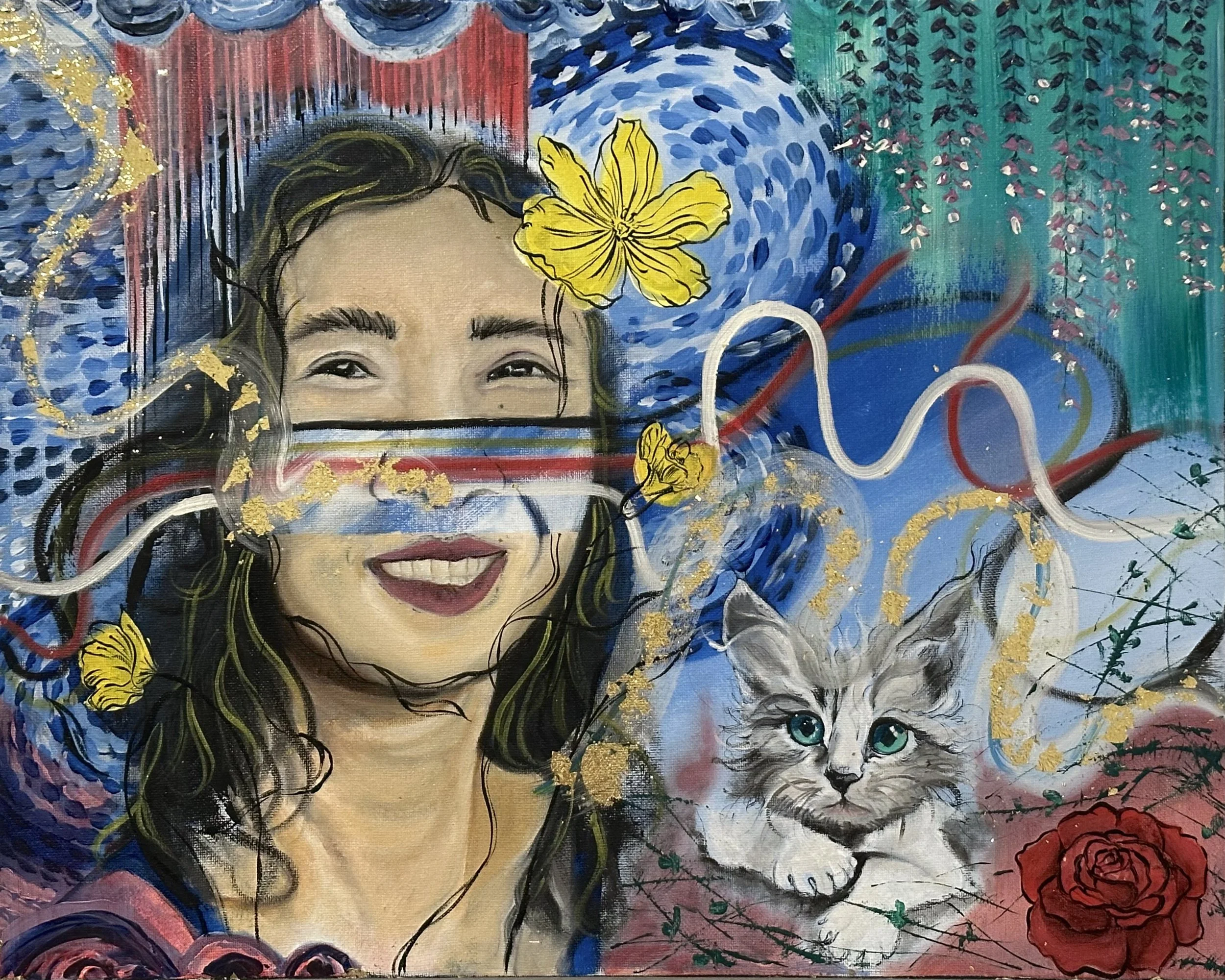 A colorful painting of a woman with long dark hair and a yellow flower near her face. A white cat with blue eyes is to the right of her, and the background features abstract patterns in blue, pink, green, and gold accents, including roses and swirlin