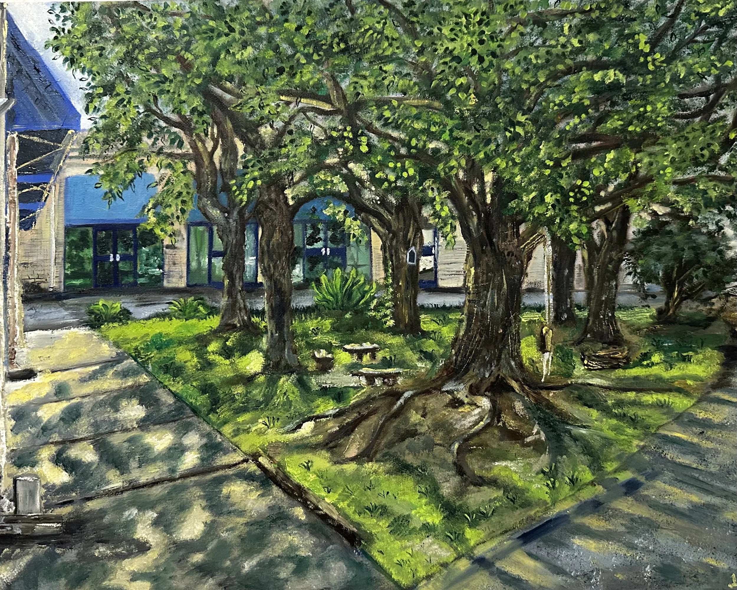 Painting of a backyard scene with large trees, green grass, a fence, and part of a house with a blue roof