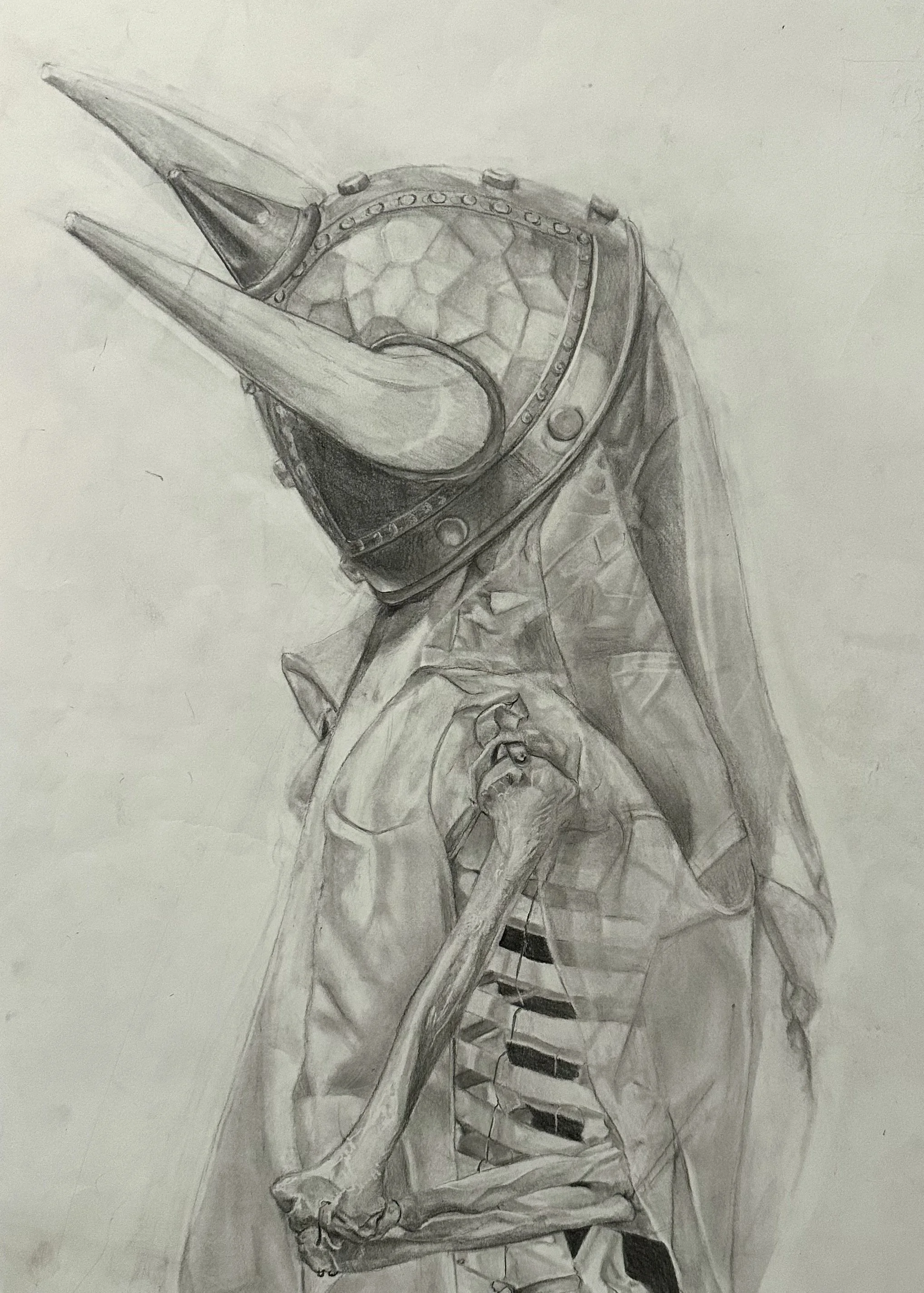 A detailed pencil sketch of a skeleton wearing a helmet and a cloak.