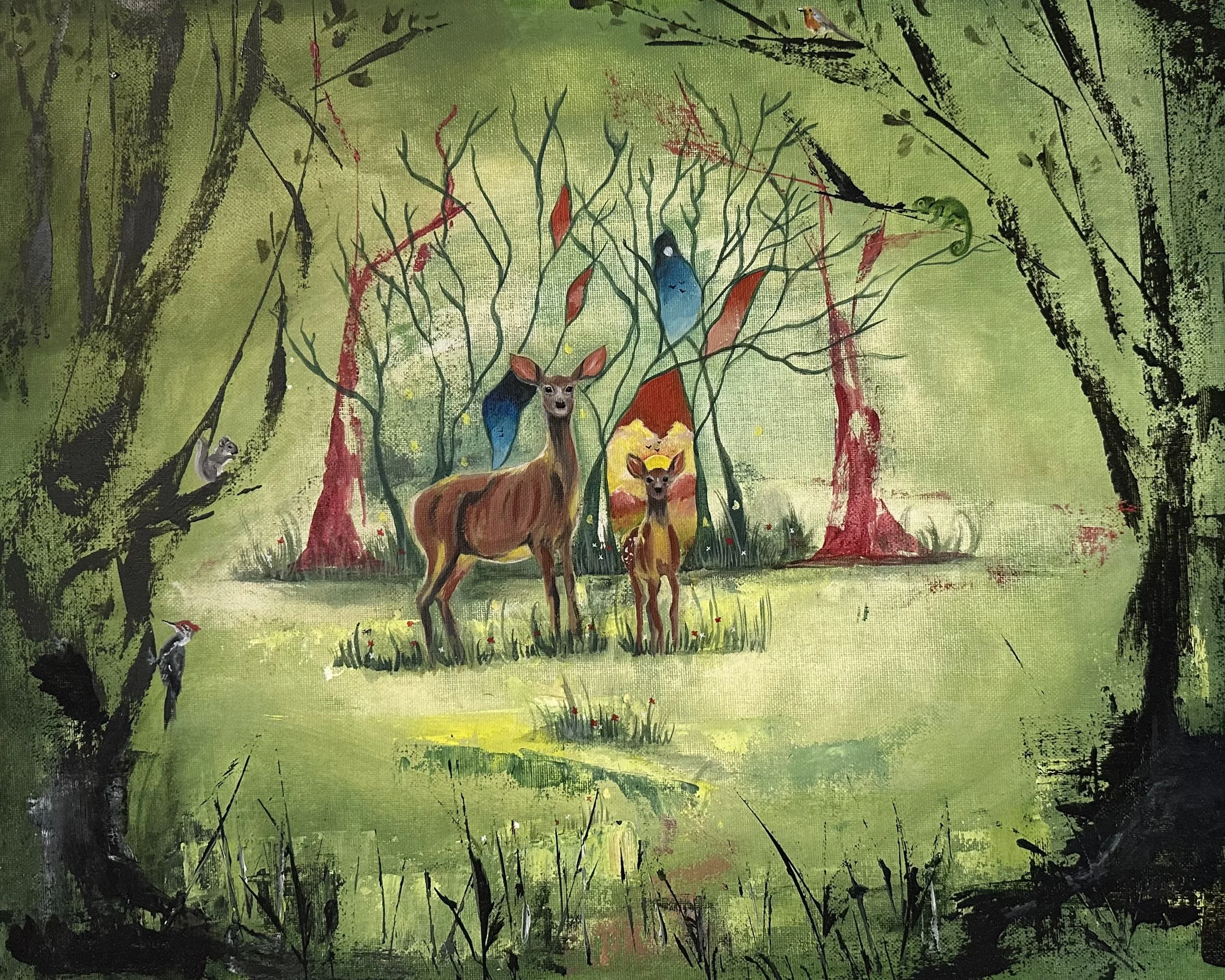A colorful painting of a forest scene featuring a deer, two blue birds, a squirrel, and a yellow bird, with green trees and foliage in the background.