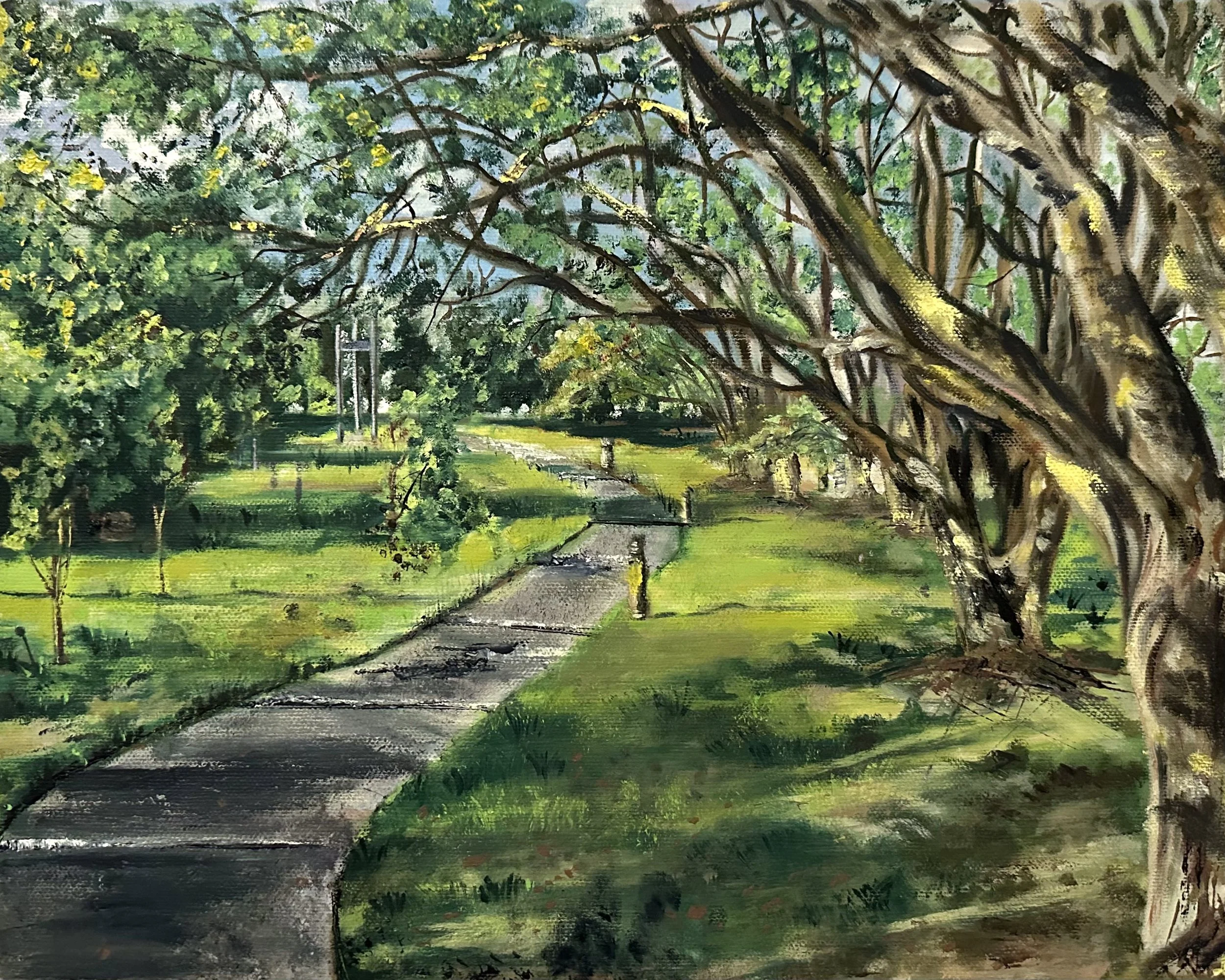 A scenic painting of a park with large, sprawling trees with textured bark, a paved pathway, a grassy area, and a blue sky with some clouds.