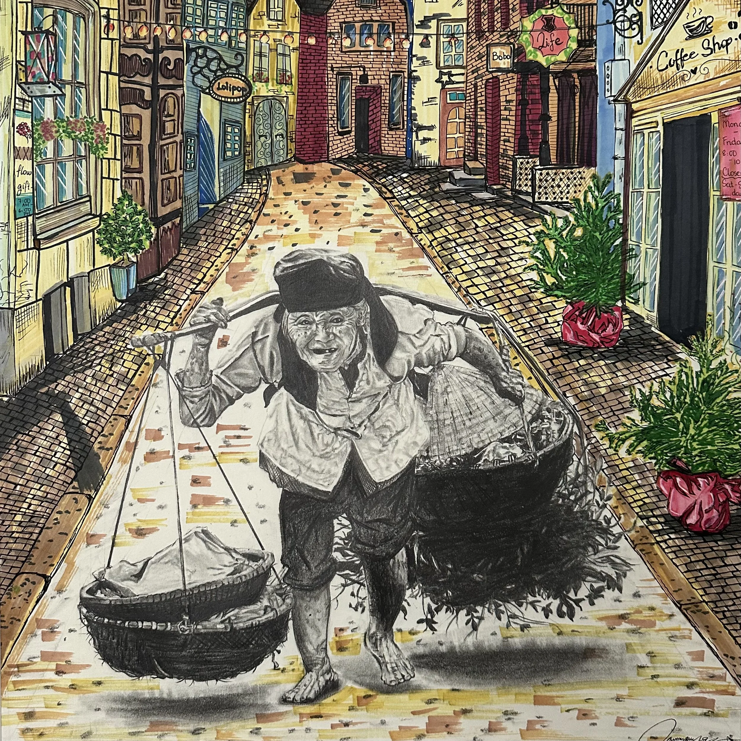 A colorful street scene with old-style buildings, hanging lights, and signs for shops like a coffee shop and a boutique. In the foreground, there is a black-and-white sketch of an elderly man smiling and looking over his shoulder, holding onto a bicycle handlebar. The street has cobblestone pavement, and greenery is present in planters and potted plants.