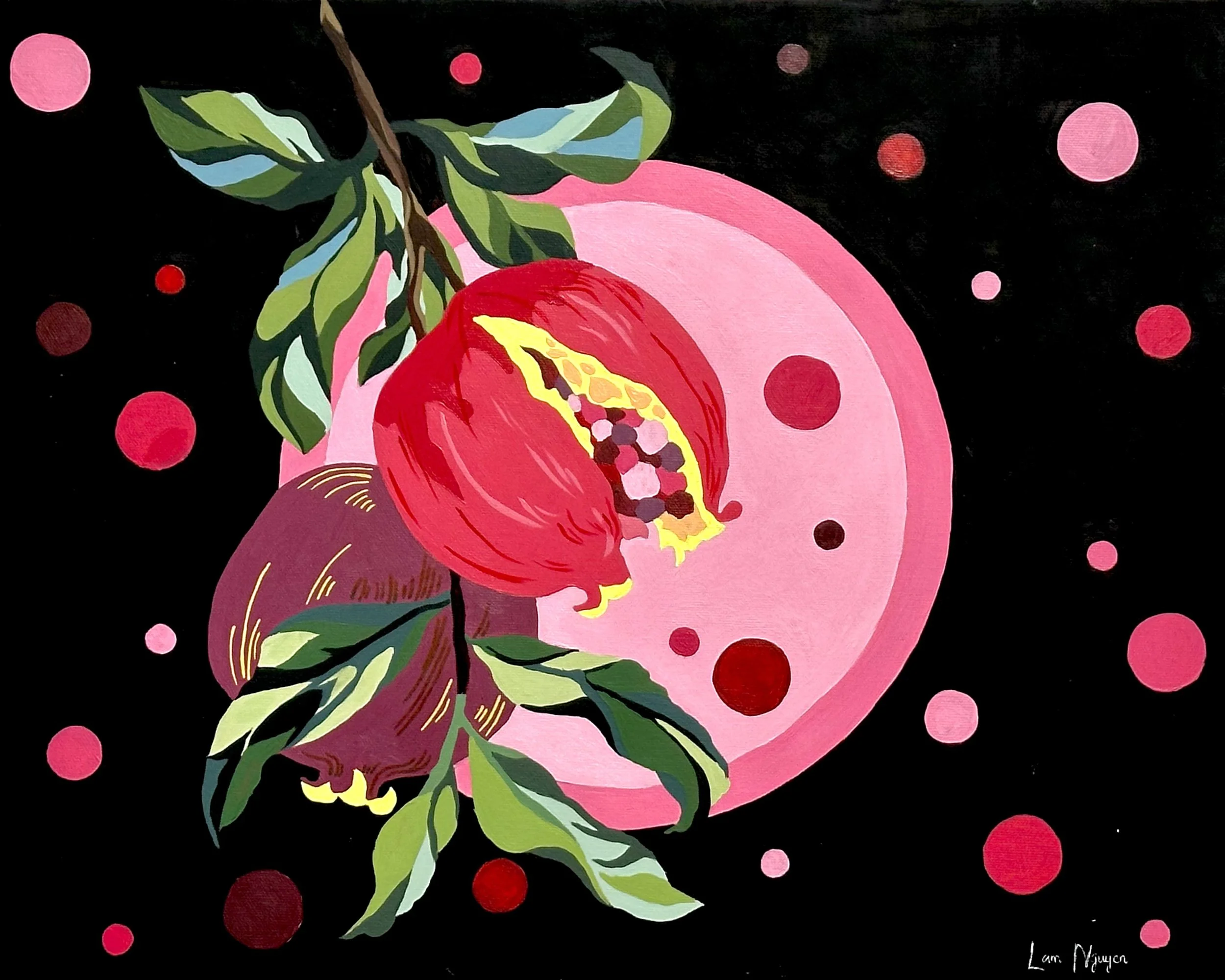 A colorful painting of a pink, red, and purple pomegranate with green leaves on a black background with pink and red dots.