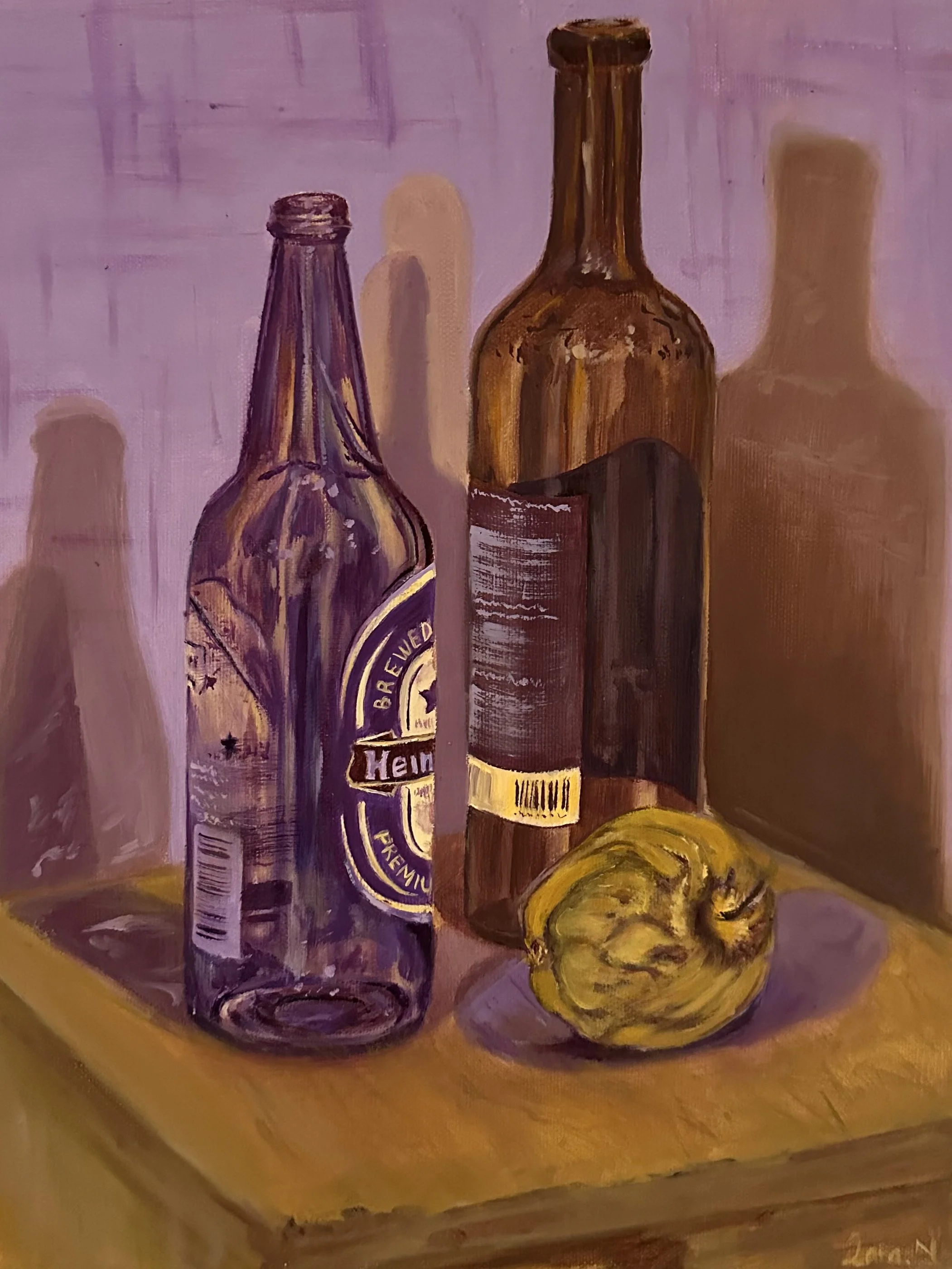 An oil painting depicting a still life of three bottles, one with a label that reads 'Heineken', and a bunch of bananas on a wooden surface against a purple background.