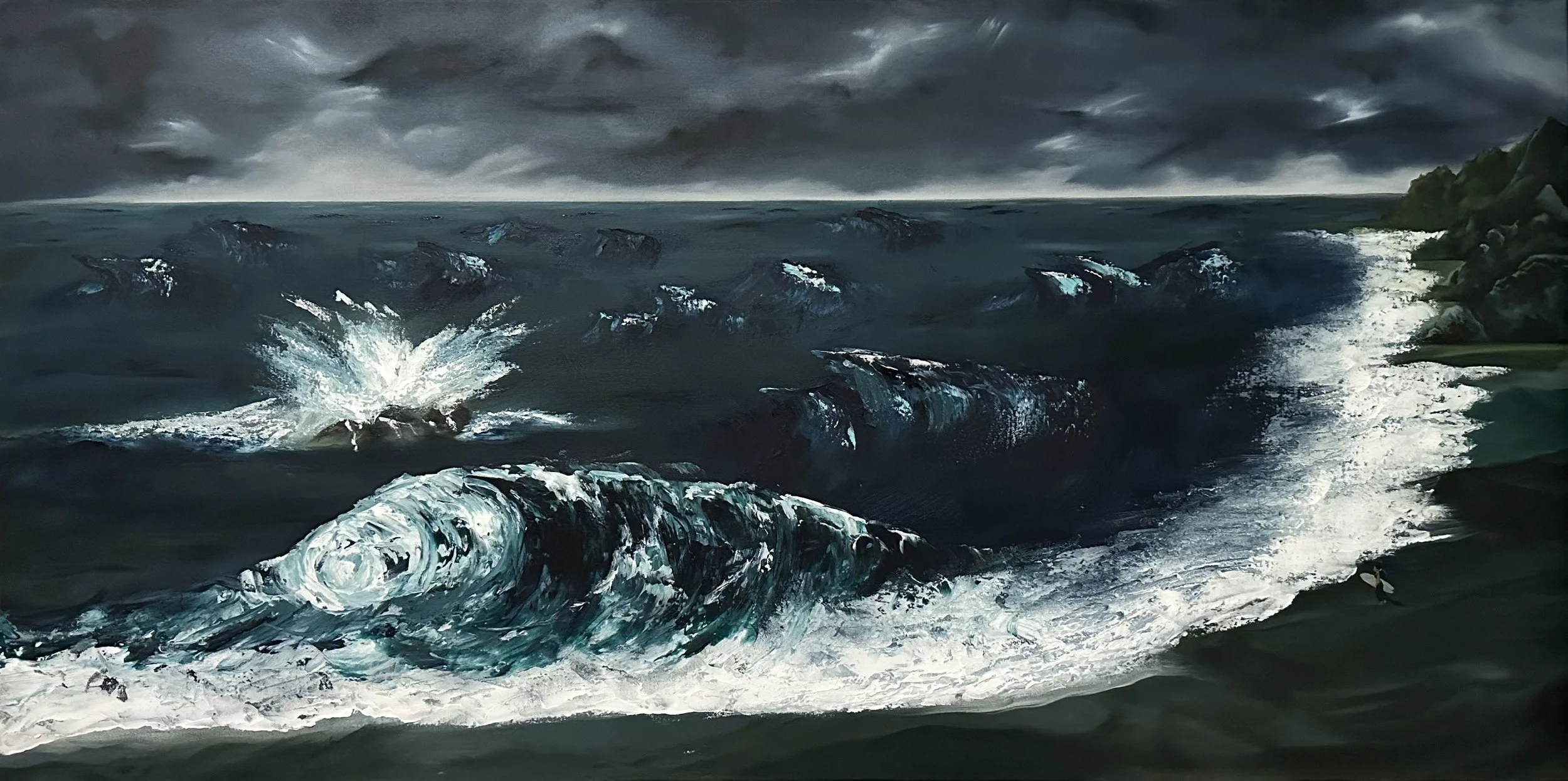 A tumultuous ocean scene with dark, stormy skies, large crashing waves, and a rocky shoreline to the right.