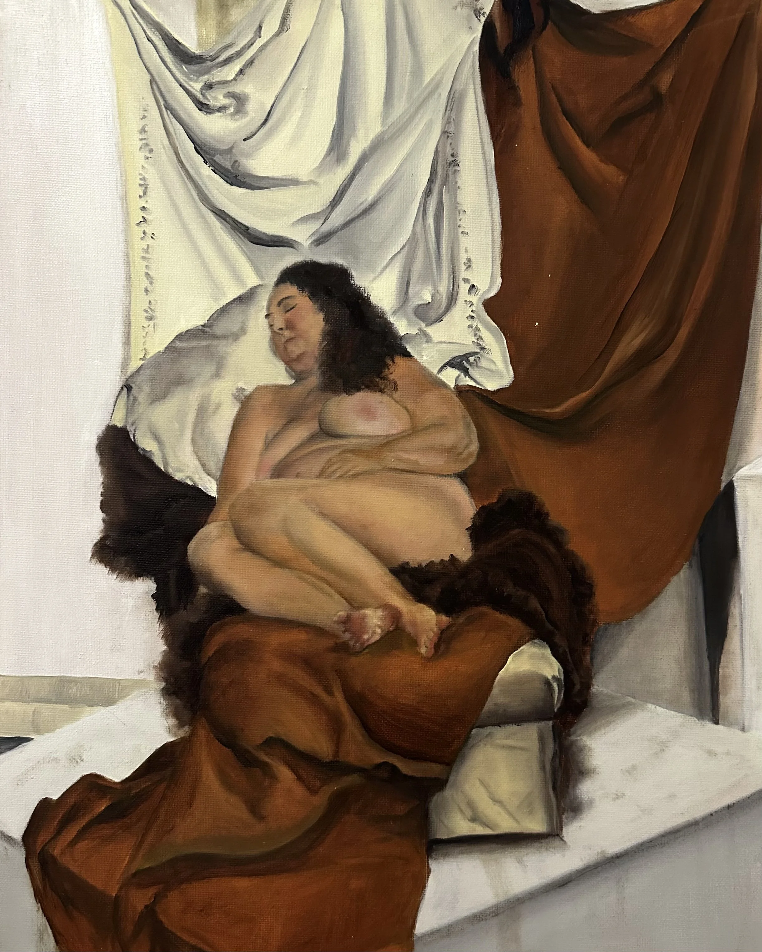 Close-up of a painting depicting a nude woman with long dark hair, lying on a bed with her eyes closed, resting her head on her arm.